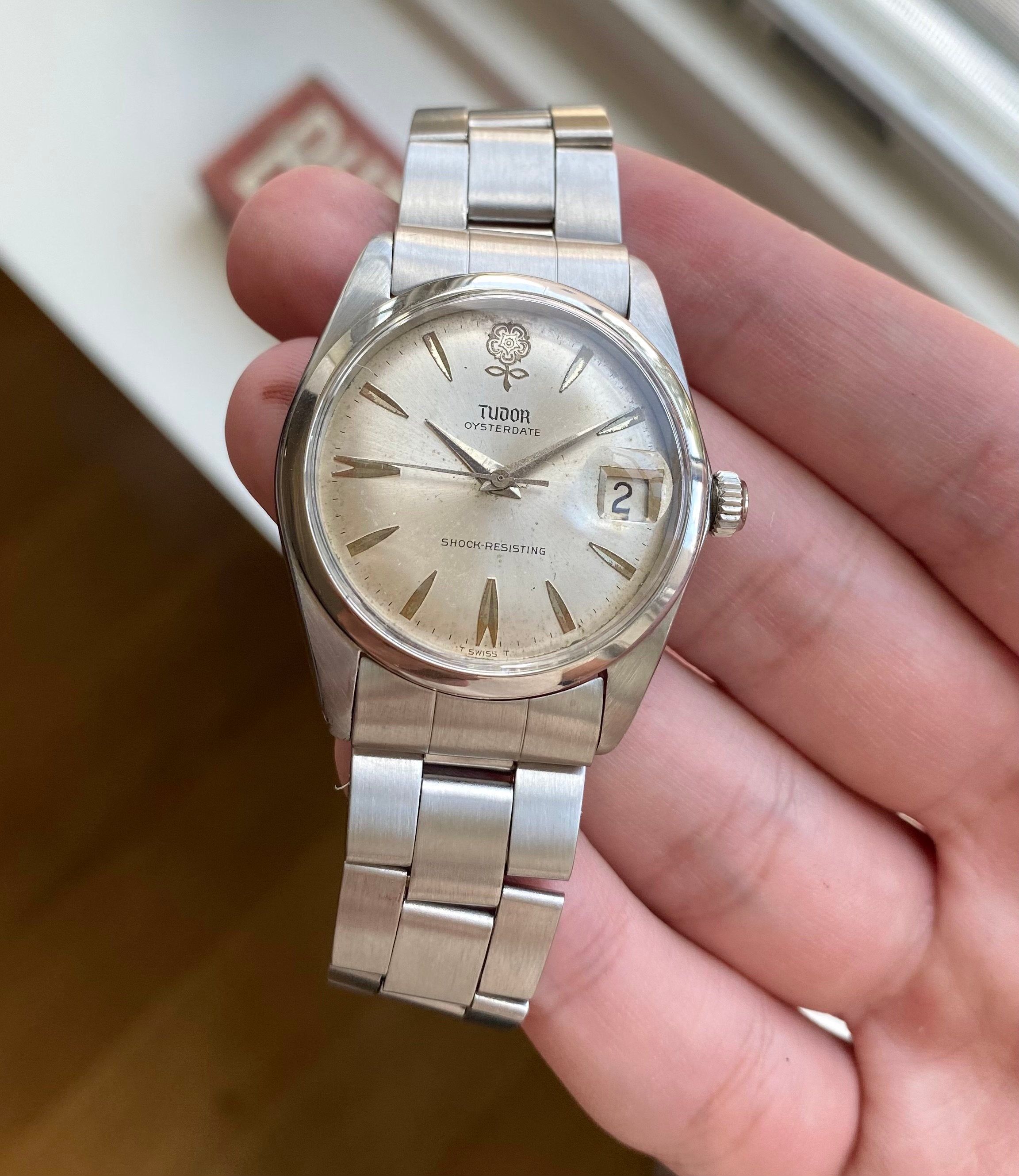 Vintage 60s Tudor Oysterdate Manual Wind Silver Rose Dial Oyster 34mm Watch