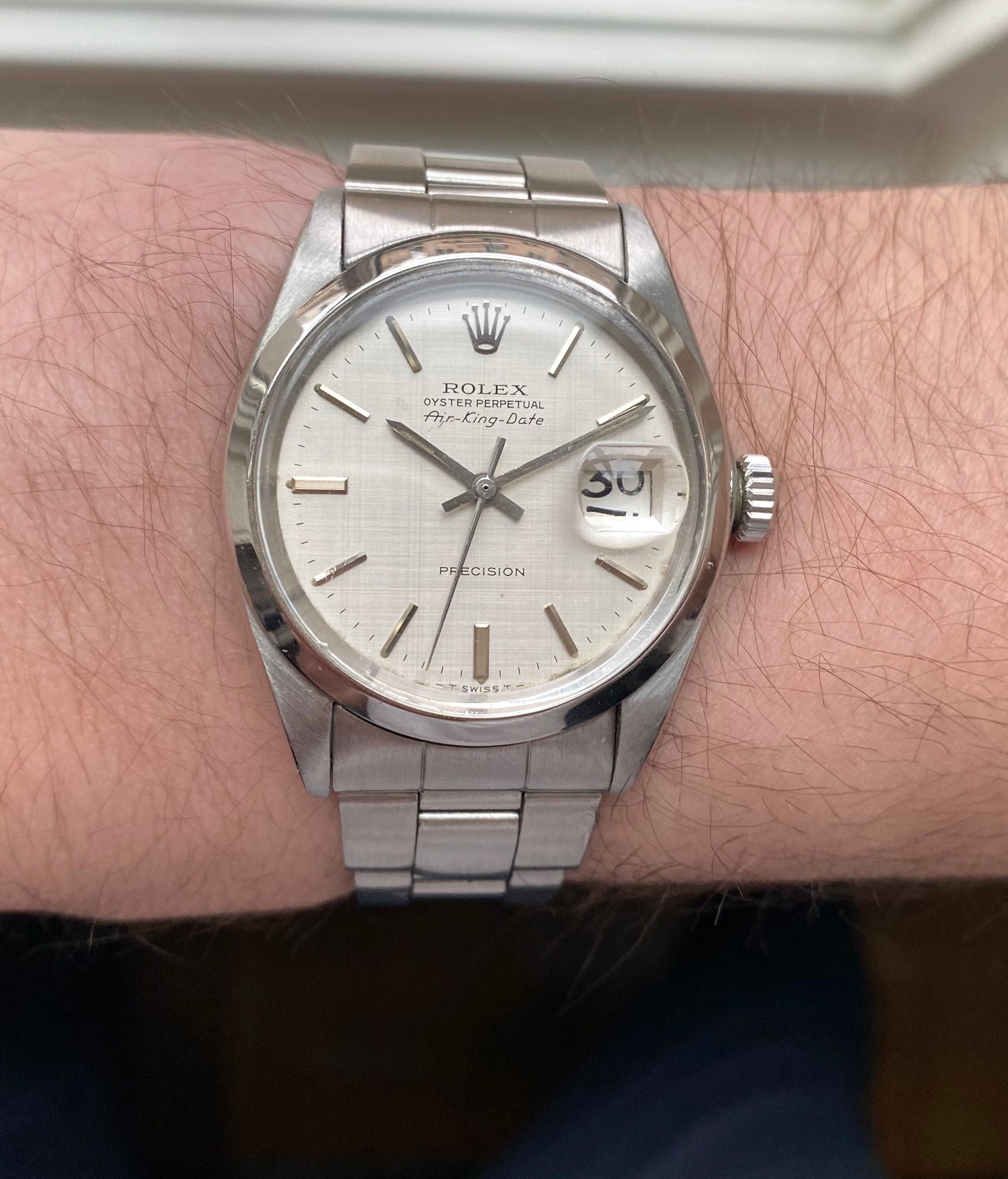 Vintage Rolex Air-King Date 5700 Precision Automatic Silver Linen Dial 34mm Watch