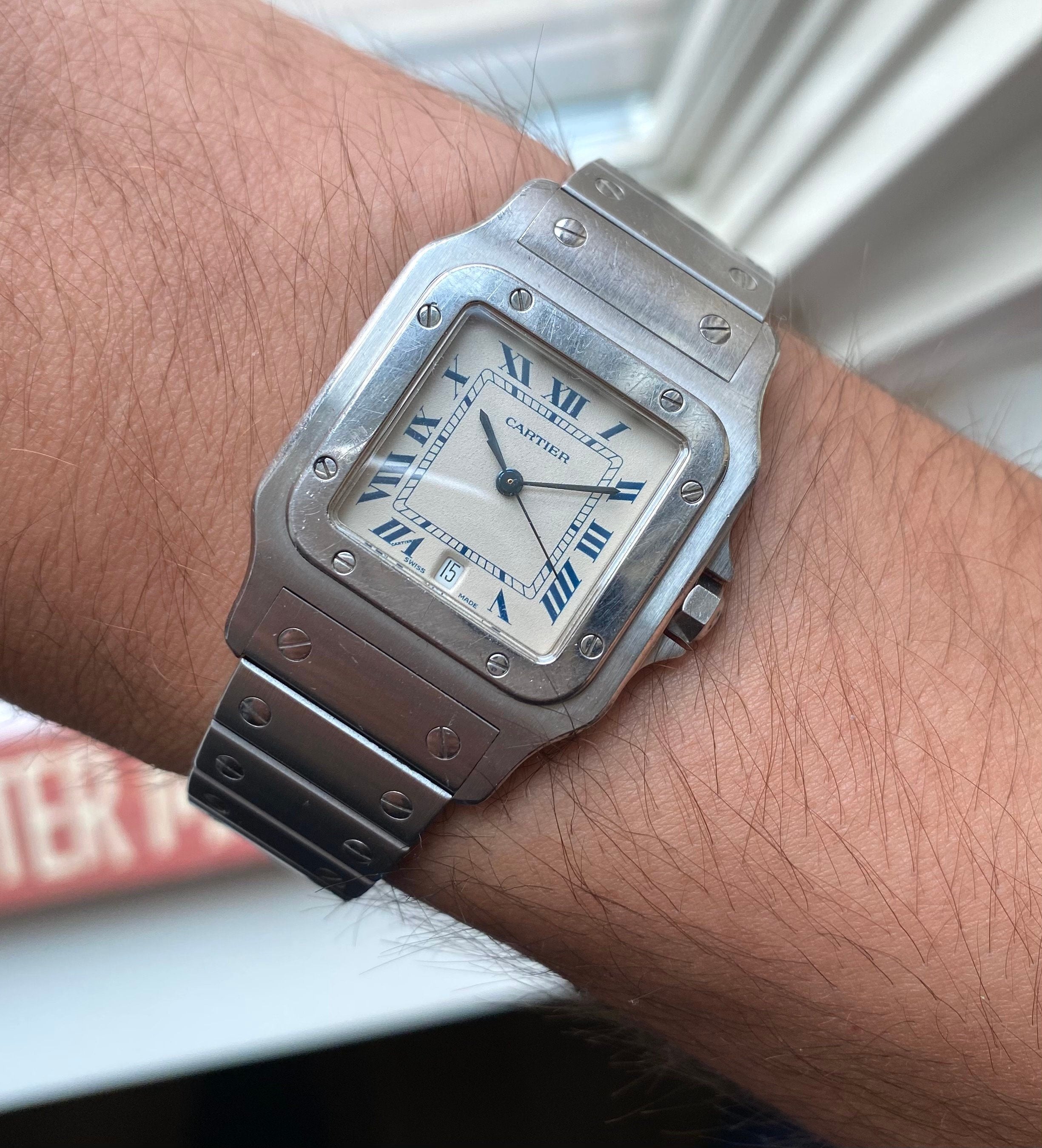 Vintage Cartier Santos 80s Quartz White Blue Roman Numeral Dial Steel Watch