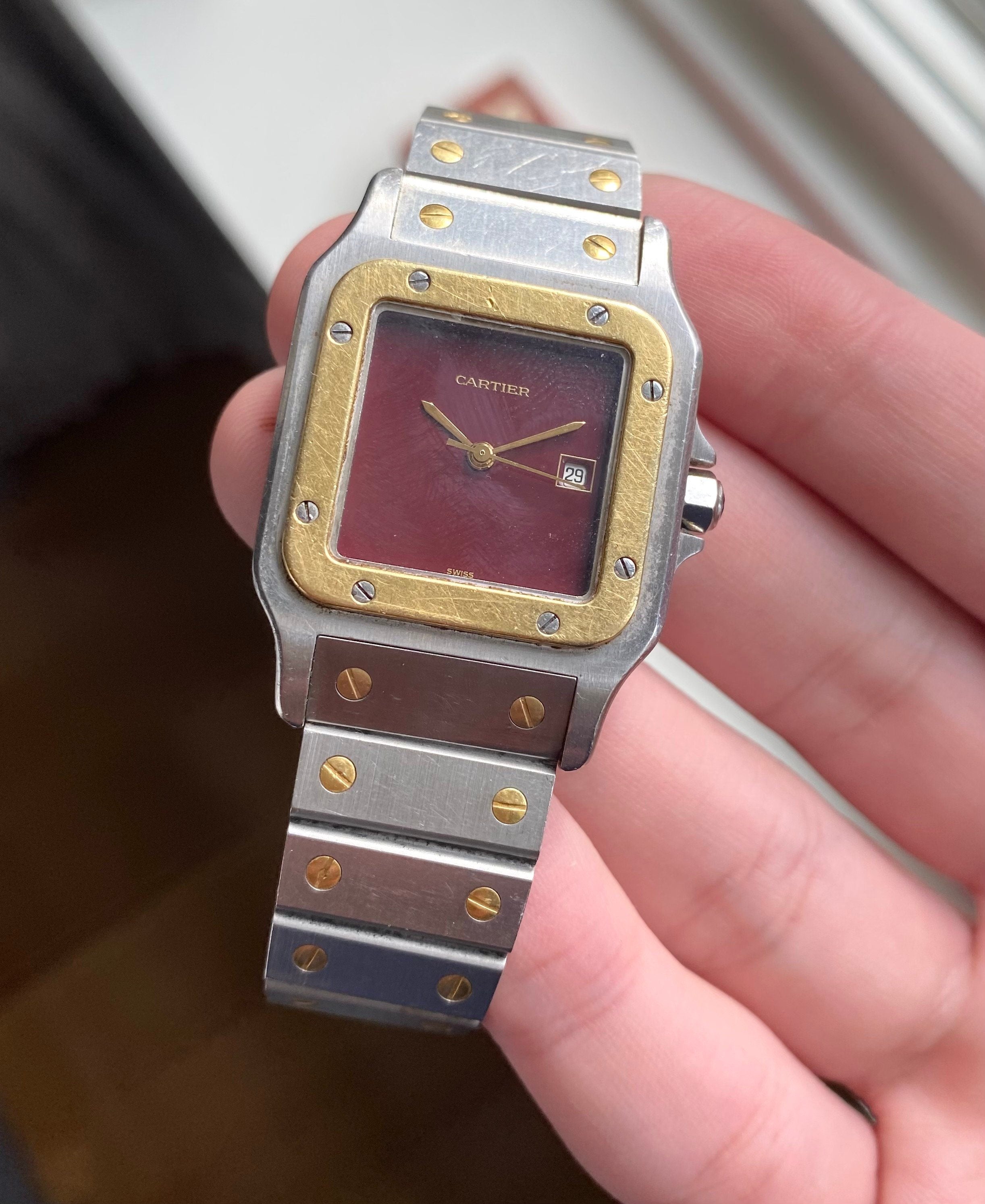 Cartier Santos 80s Vintage Automatic Two Tone RARE Red Lacquered Dial 29mm Case