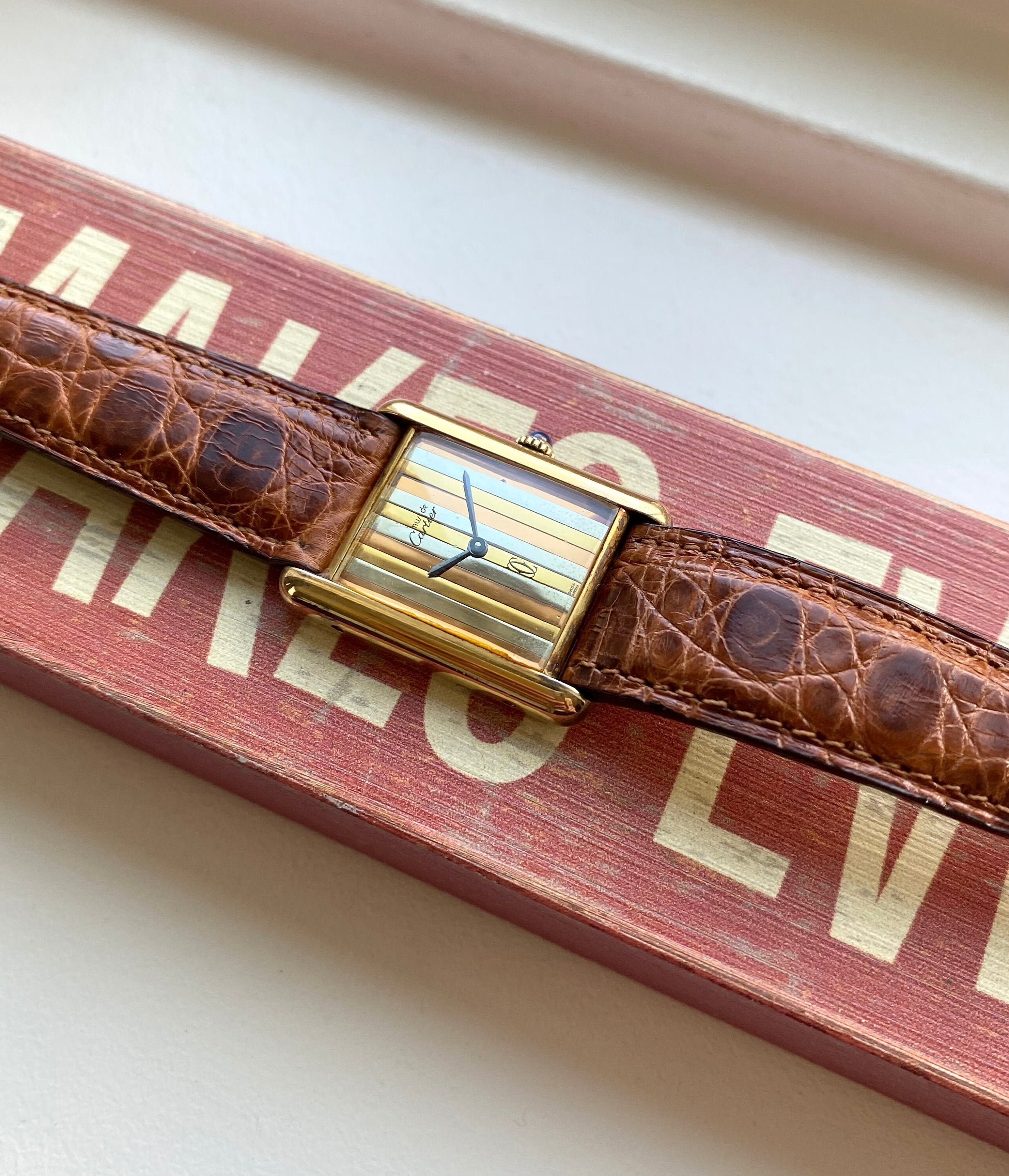 Vintage Cartier Tank Manual Wind Tri Tone Dial 18K Gold 23mm Electroplated Watch