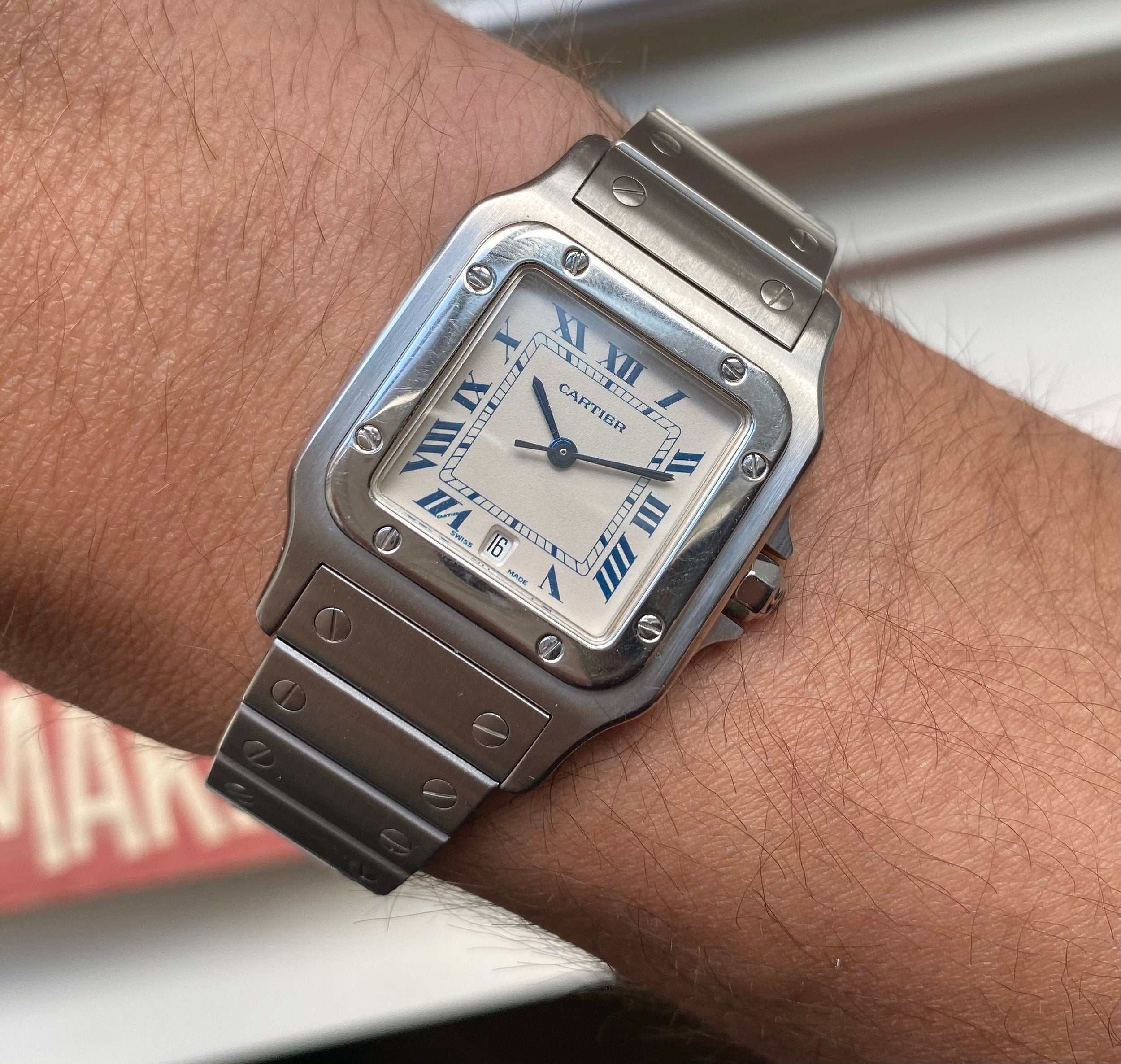 Vintage Cartier Santos Galbee 1564 Quartz White Roman Numeral Dial Steel Watch