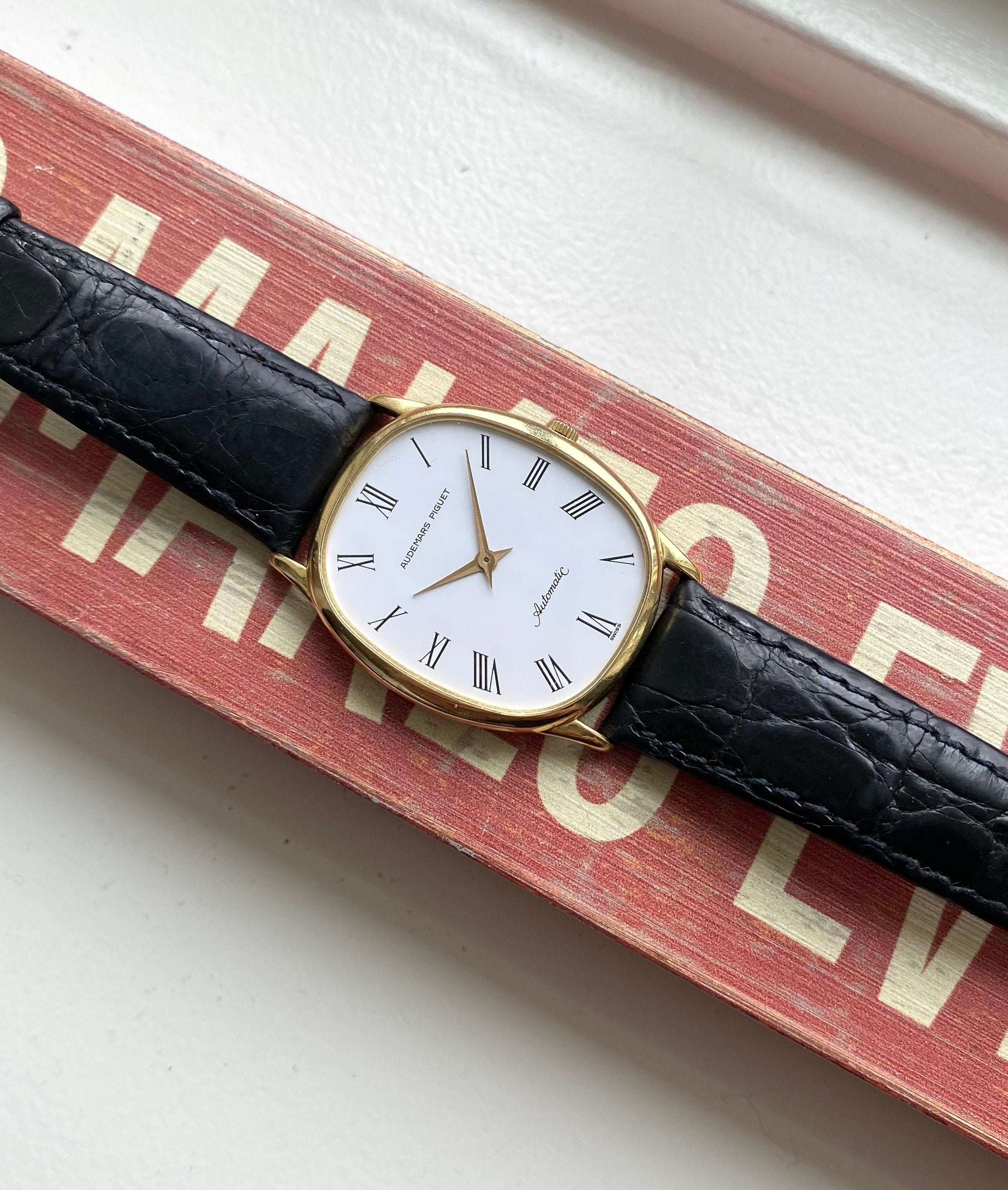 Vintage Audemars Piguet 70s Automatic 18K Yellow Gold Tank White Roman Dial Watch