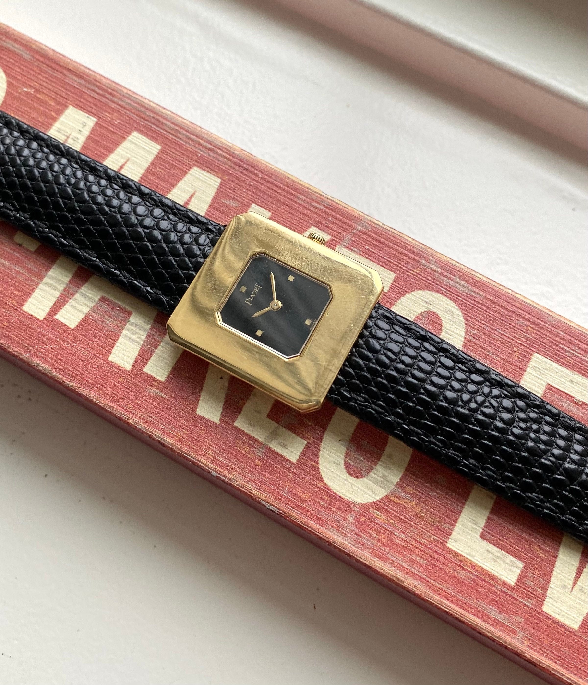 Ref 99041 Piaget Vintage Manual Wind 18K Yellow Gold Black Dial Square Case