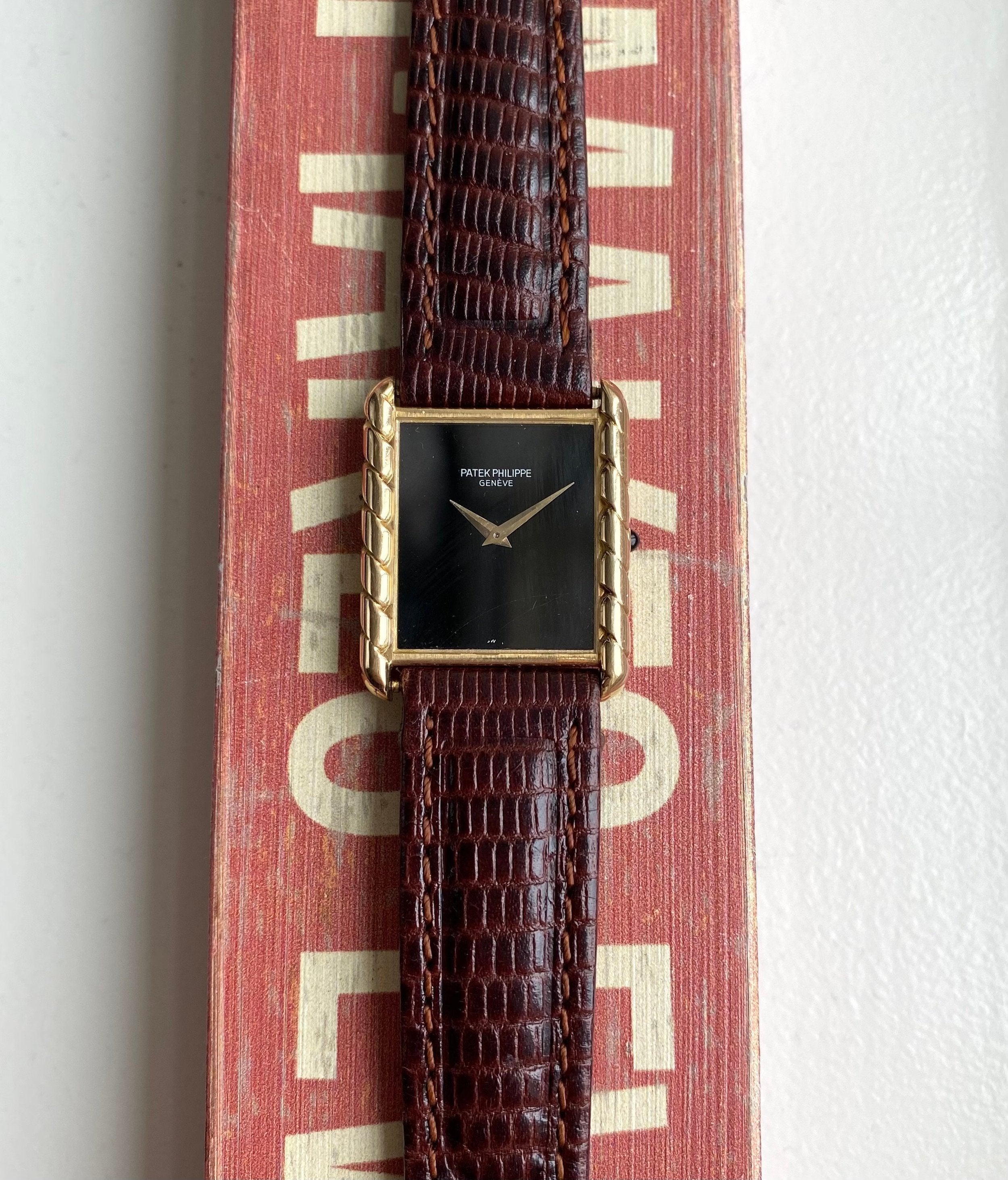 Vintage Patek Philippe Ref 4386 70s 18K Yellow Gold Tank Black Dial Manual Wind Watch