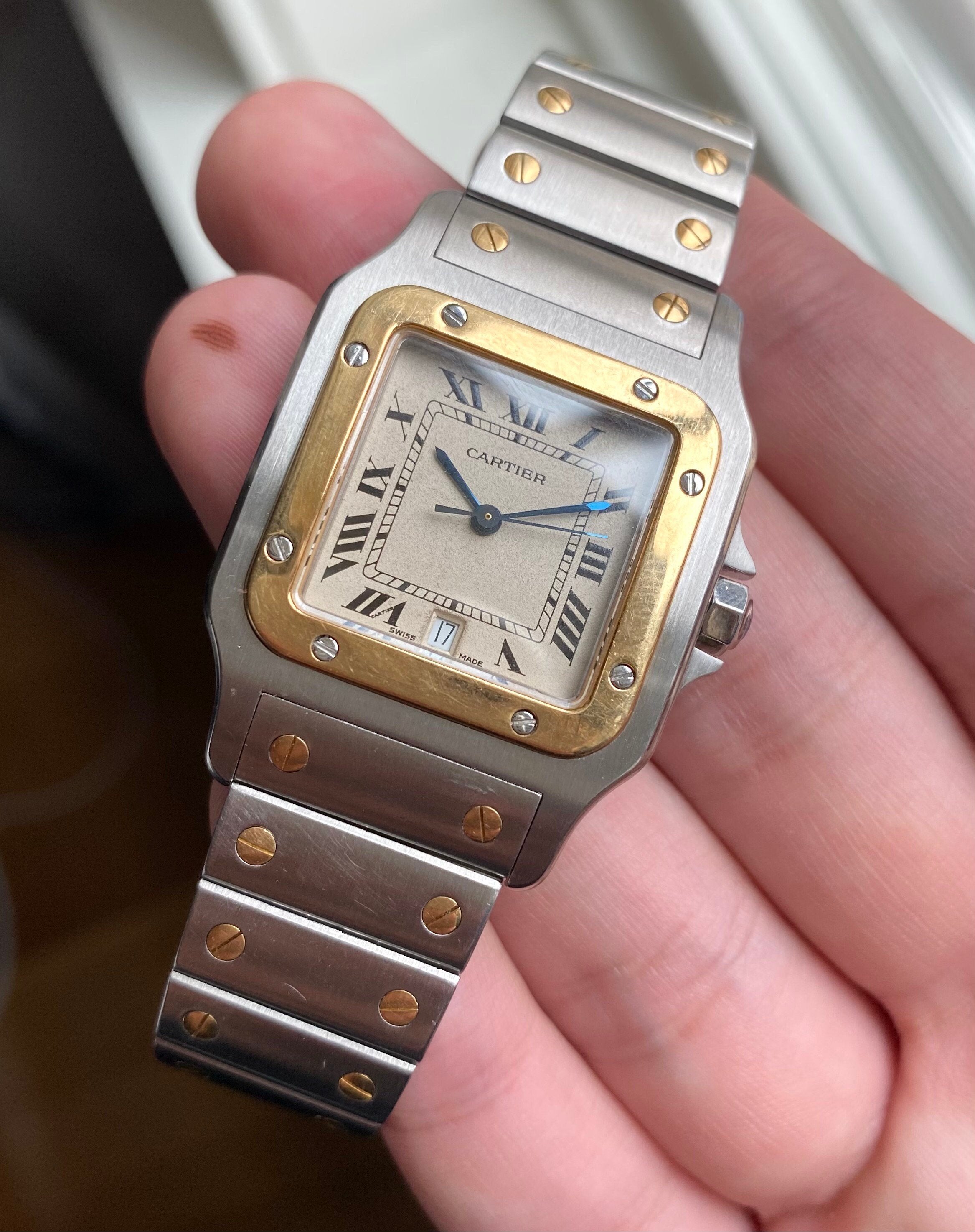 Vintage Cartier Santos 80s Two Tone Quartz Roman Numeral Cream Dial Watch