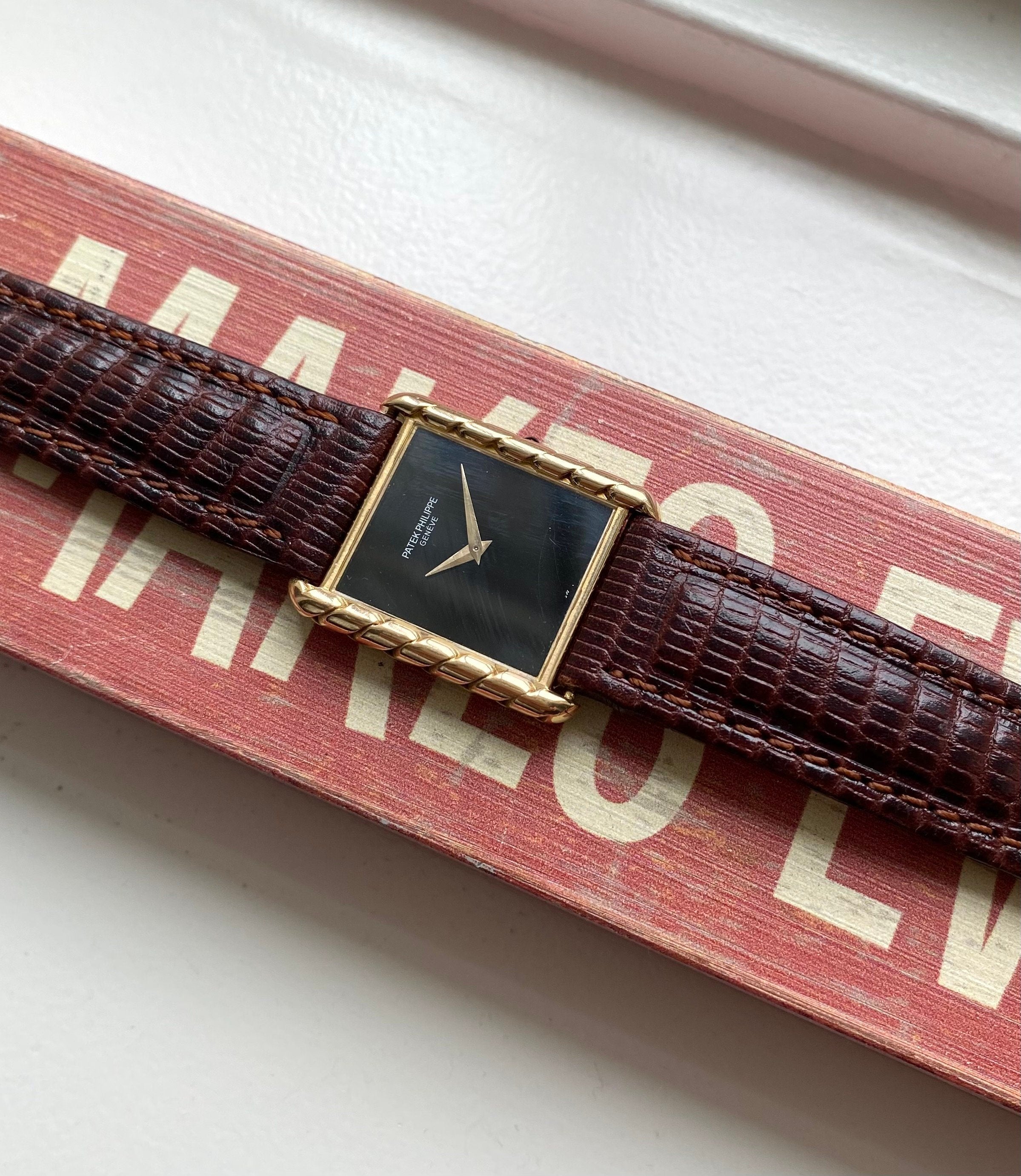 Vintage Patek Philippe Ref 4386 70s 18K Yellow Gold Tank Black Dial Manual Wind Watch