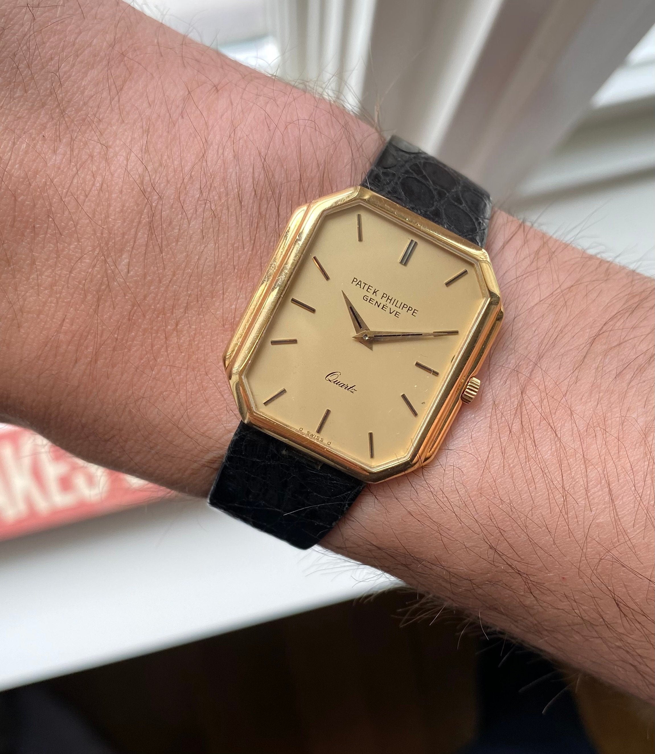 Vintage Patek Philippe 18K Yellow Gold Tank Quartz Matte Champagne Dial Watch