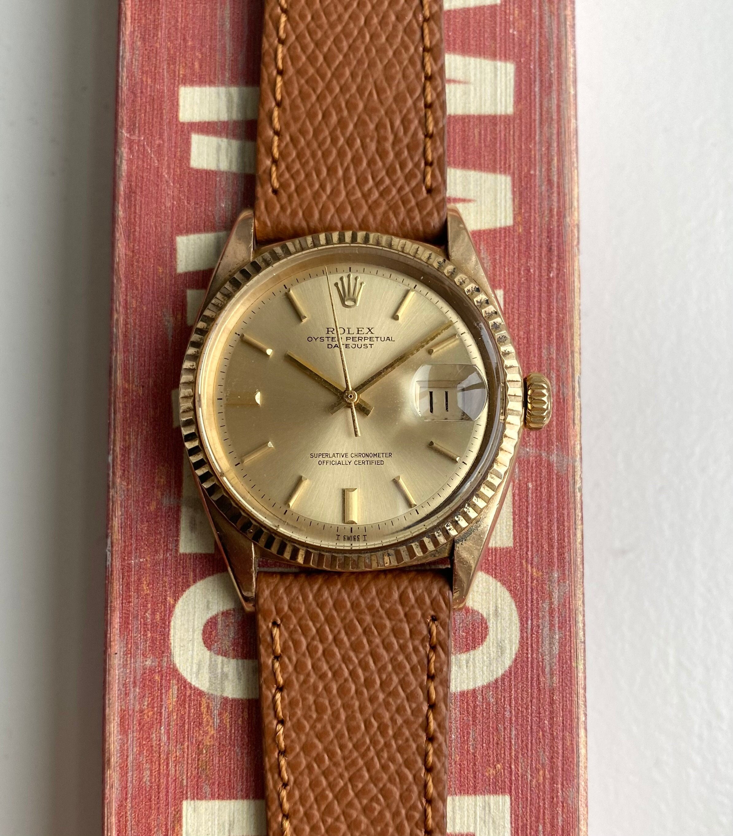 Vintage Rolex Datejust 36mm 18K Yellow Gold Ref 1601 Champagne Dial Watch