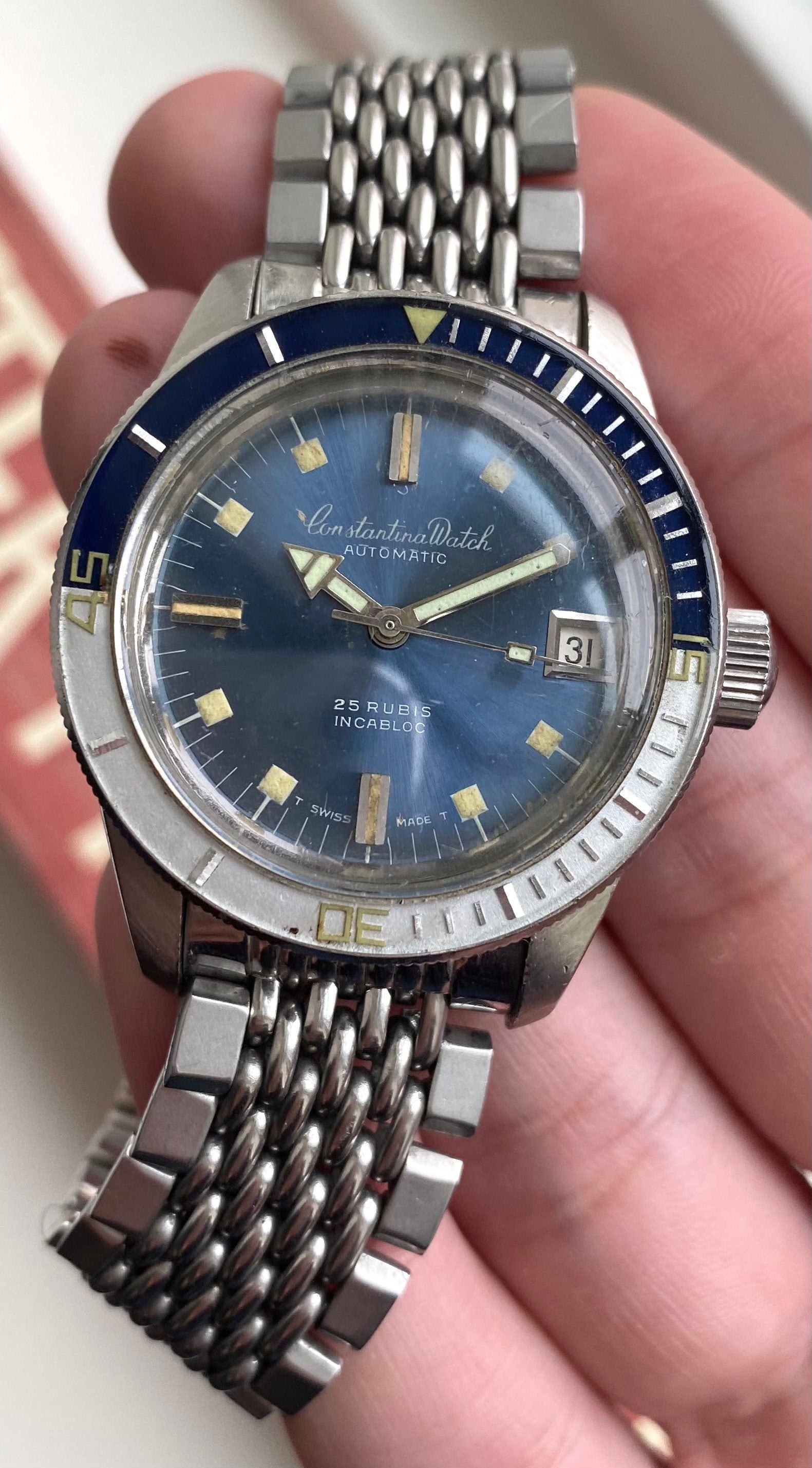 Vintage Constantina Diver Automatic Blue Dial Bakelite Bezel Steel Case Watch
