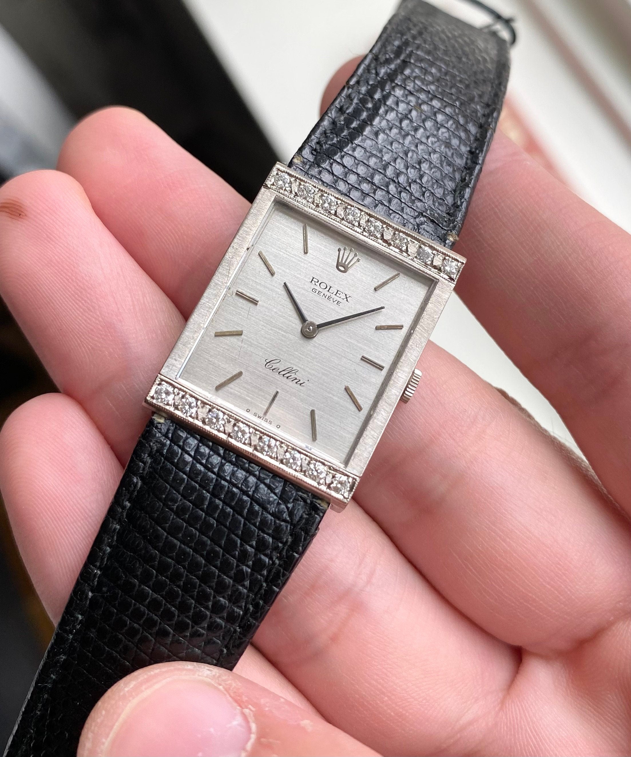 Vintage Rolex Cellini 70s 18K White Gold Tank Manual Wind Silver Dial w/ Diamonds