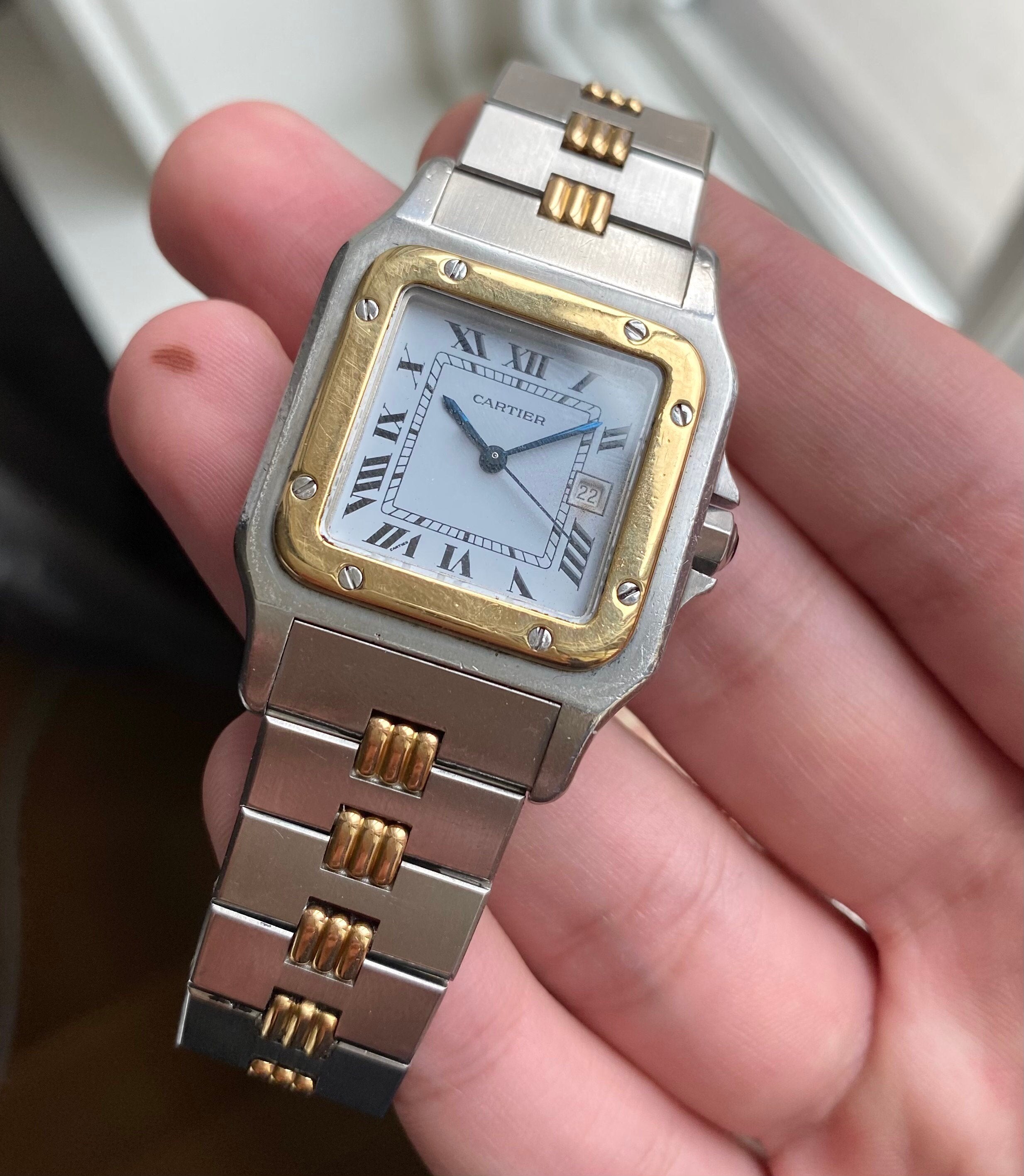 Vintage Cartier Santos 80s Automatic Two Tone White Roman Numeral Dial Watch