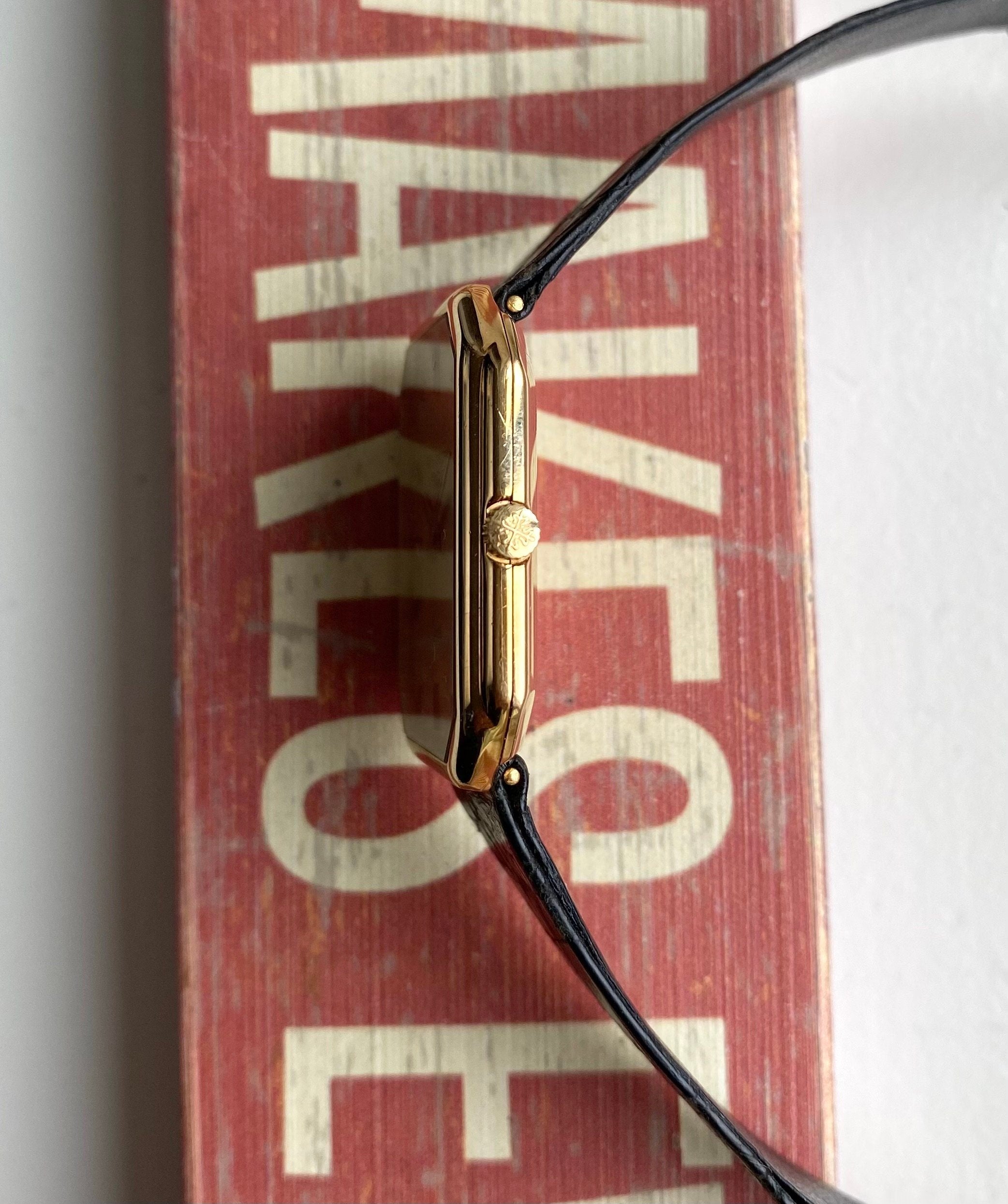 Vintage Patek Philippe 18K Yellow Gold Tank Quartz Matte Champagne Dial Watch