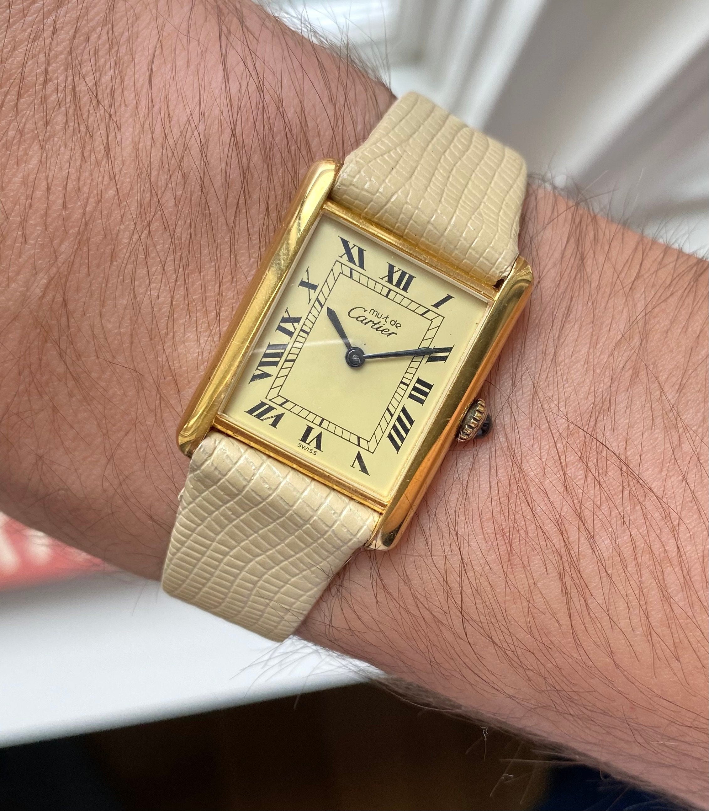 Vintage Cartier Tank Manual Wind Lemon Roman Numeral Dial 18K Electroplate Watch