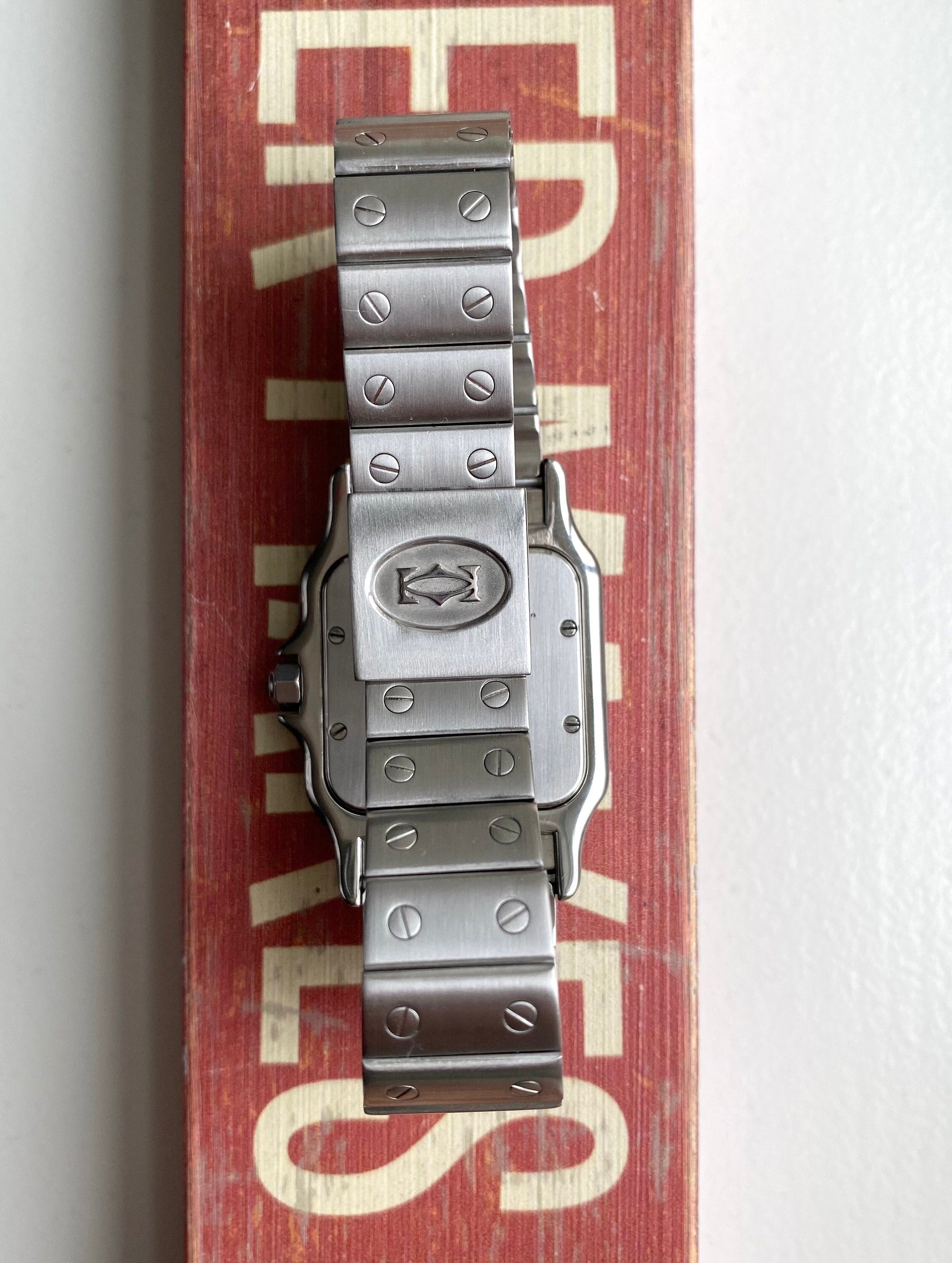 Vintage Cartier Santos Galbee Quartz White Roman Numeral Dial Steel Case Watch