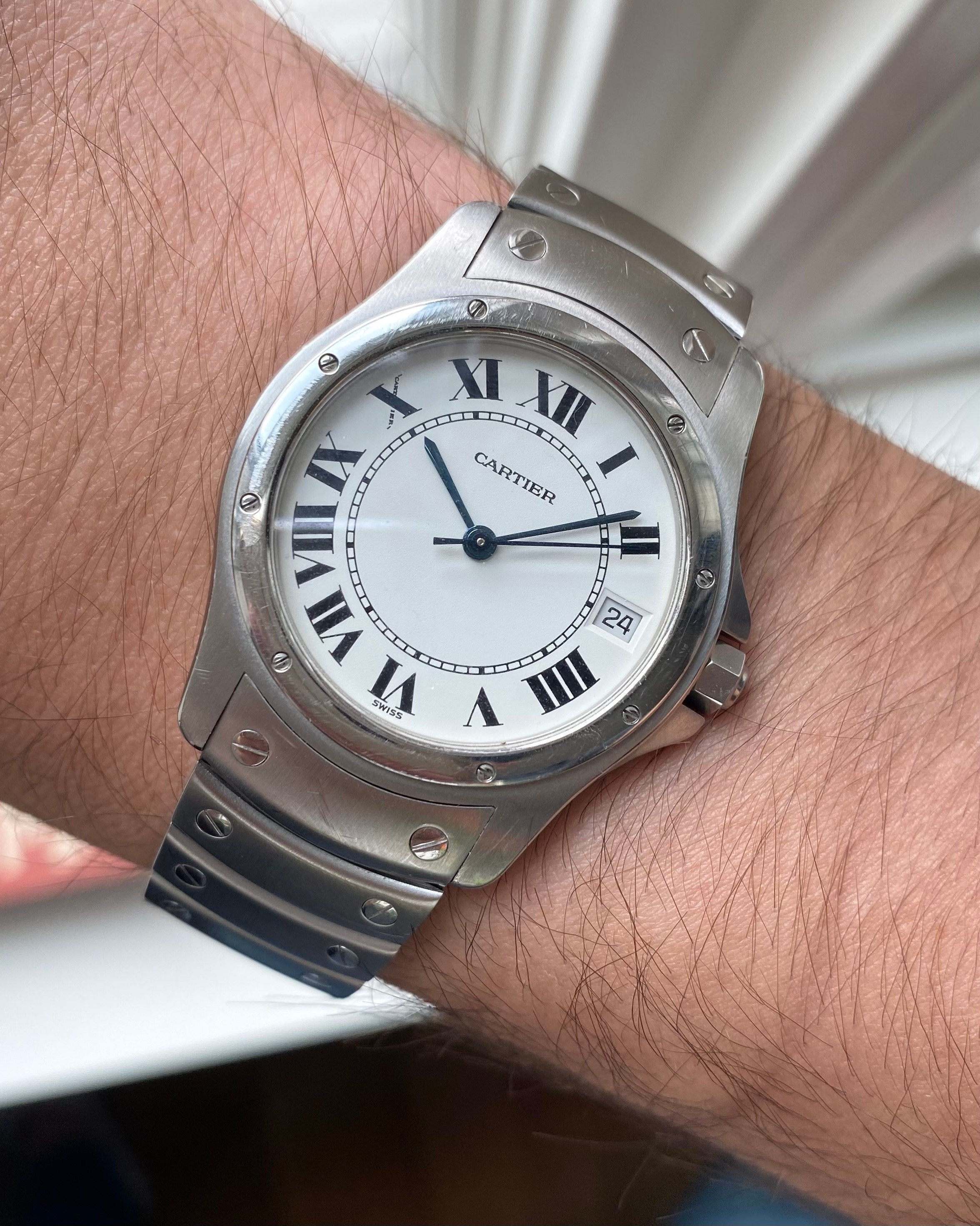 Cartier Santos Round Ref 1920 Automatic 33mm White Roman Numeral Dial Watch