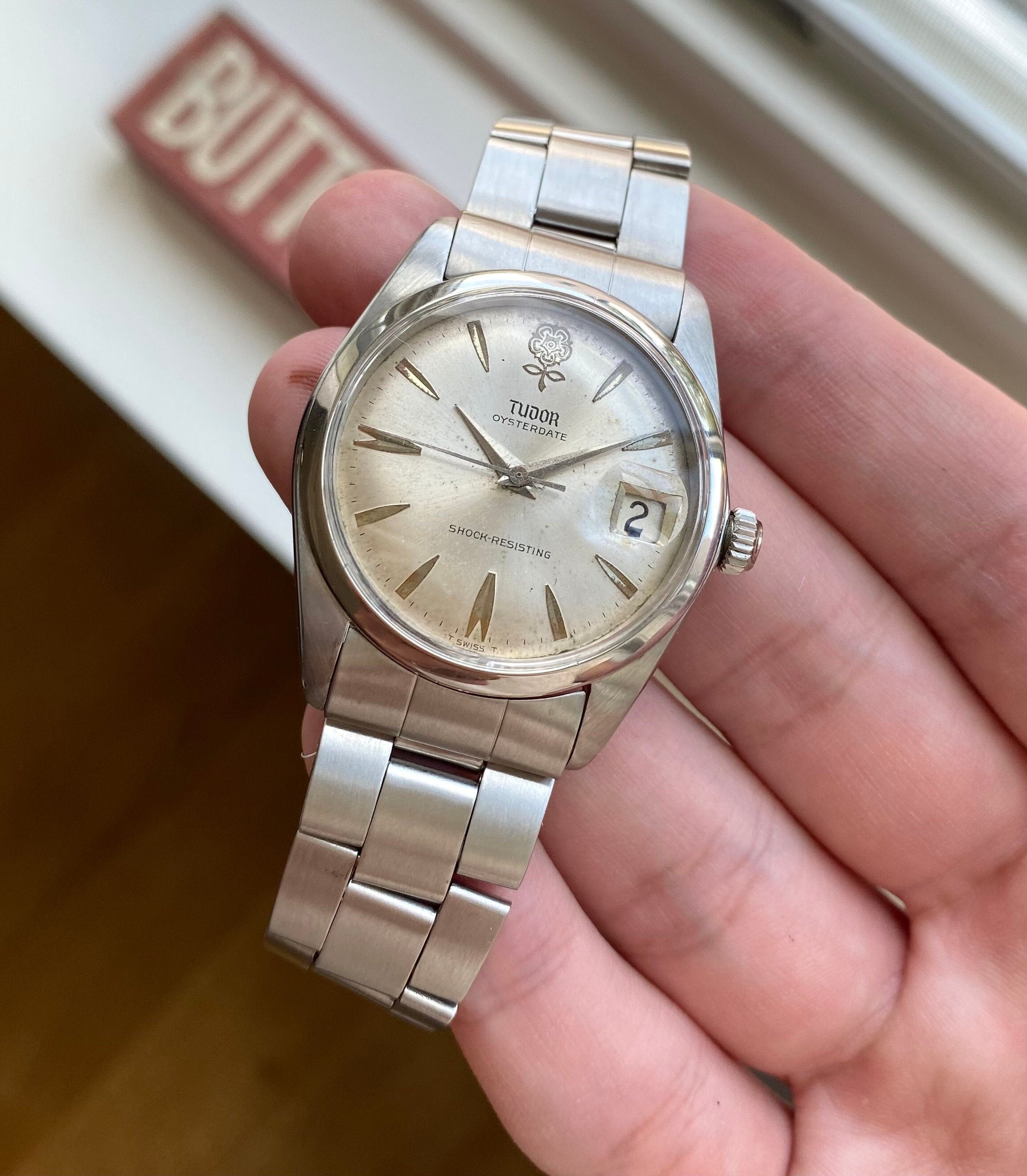 Vintage 60s Tudor Oysterdate Manual Wind Silver Rose Dial Oyster 34mm Watch