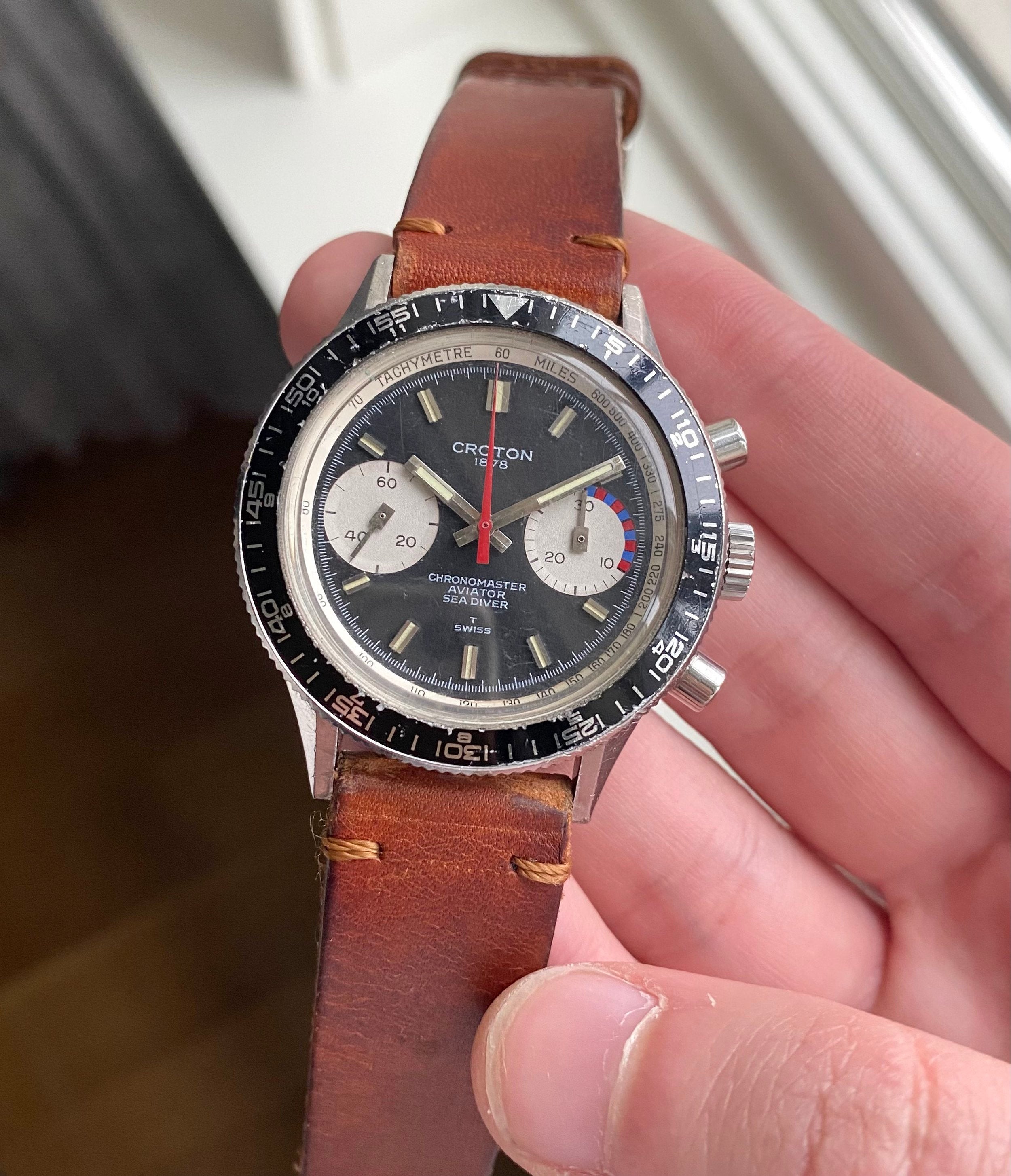 Vintage Croton Chronomaster Aviator Chronograph 70s Manual Wind Black Dial Steel Watch