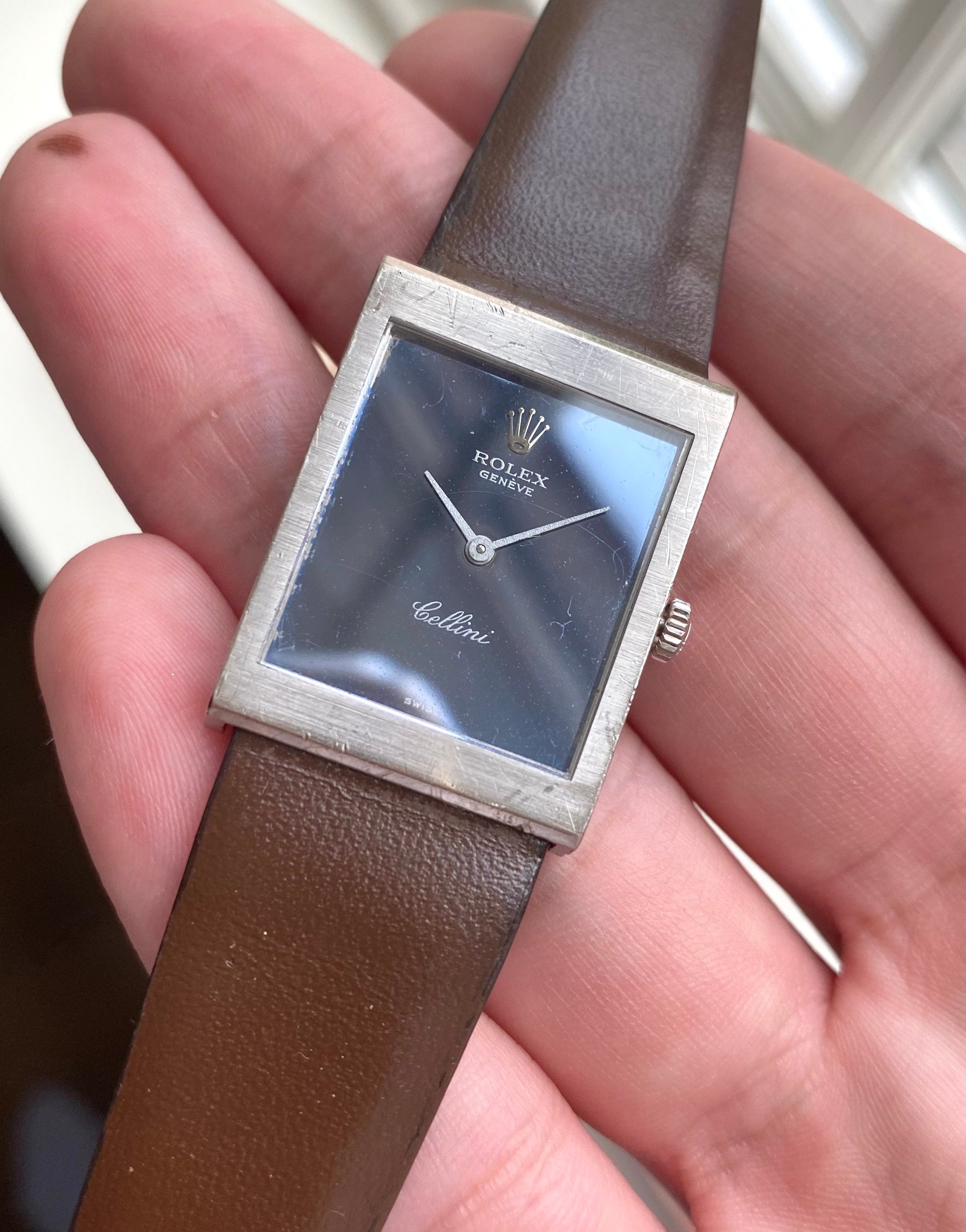 Vintage Rolex Cellini 70s 18K White Gold Tank Manual Wind Blue Mirror Dial Watch