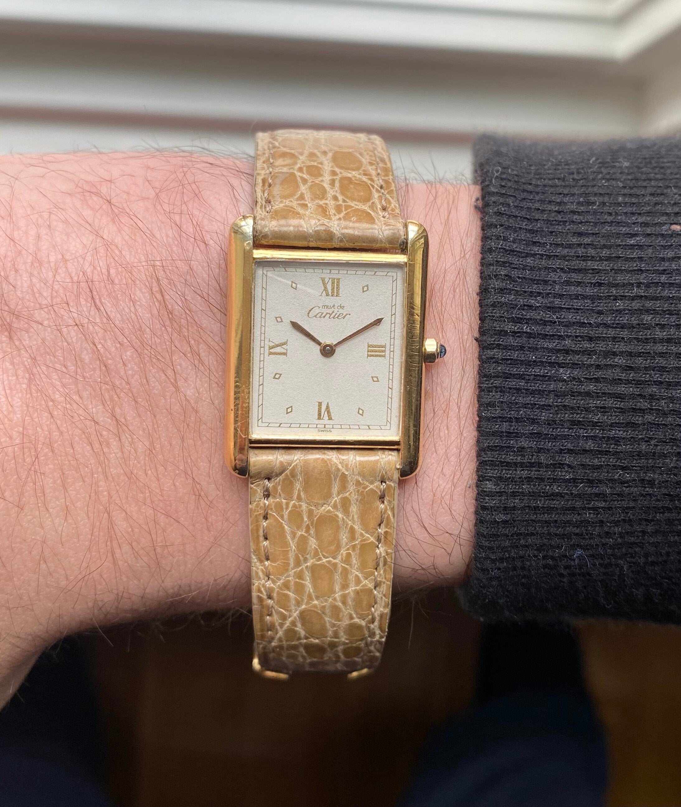 Cartier Tank 80s Quartz White Roman Dial 18K Gold Electroplated 23mm Case Watch