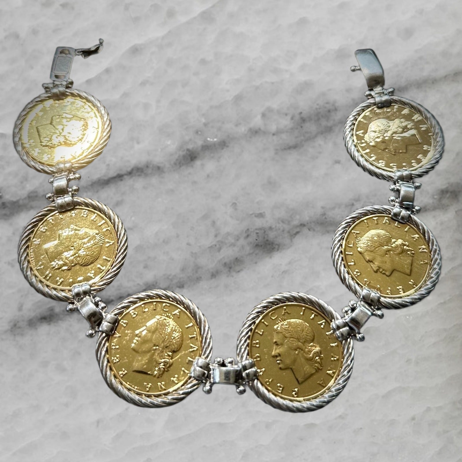 Italy Sterling Silver Gold Plated 20 Lire Coin Bracelet 8 75
