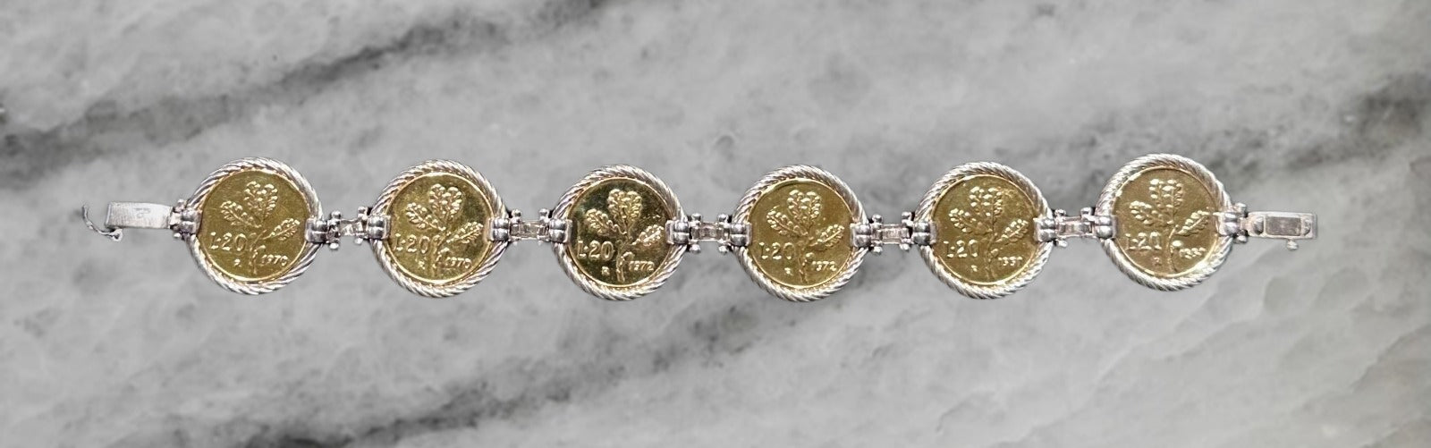 Italy Sterling Silver Gold Plated 20 Lire Coin Bracelet 8 75
