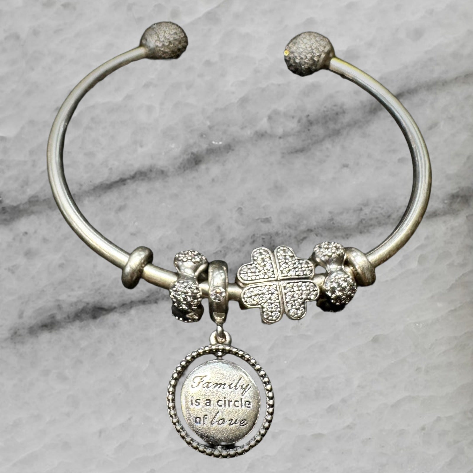 Pandora Moments Sterling Silver 4 Charm Cubic Zirconia Open Bangle Bracelet