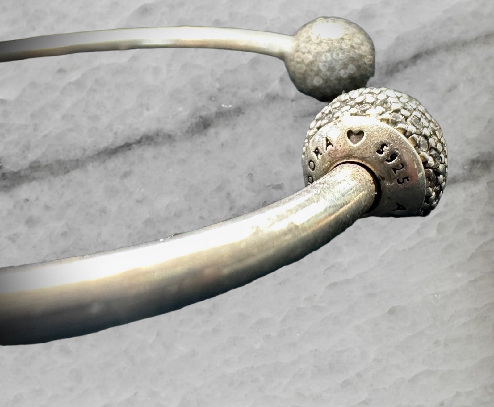 Pandora Moments Sterling Silver 4 Charm Cubic Zirconia Open Bangle Bracelet