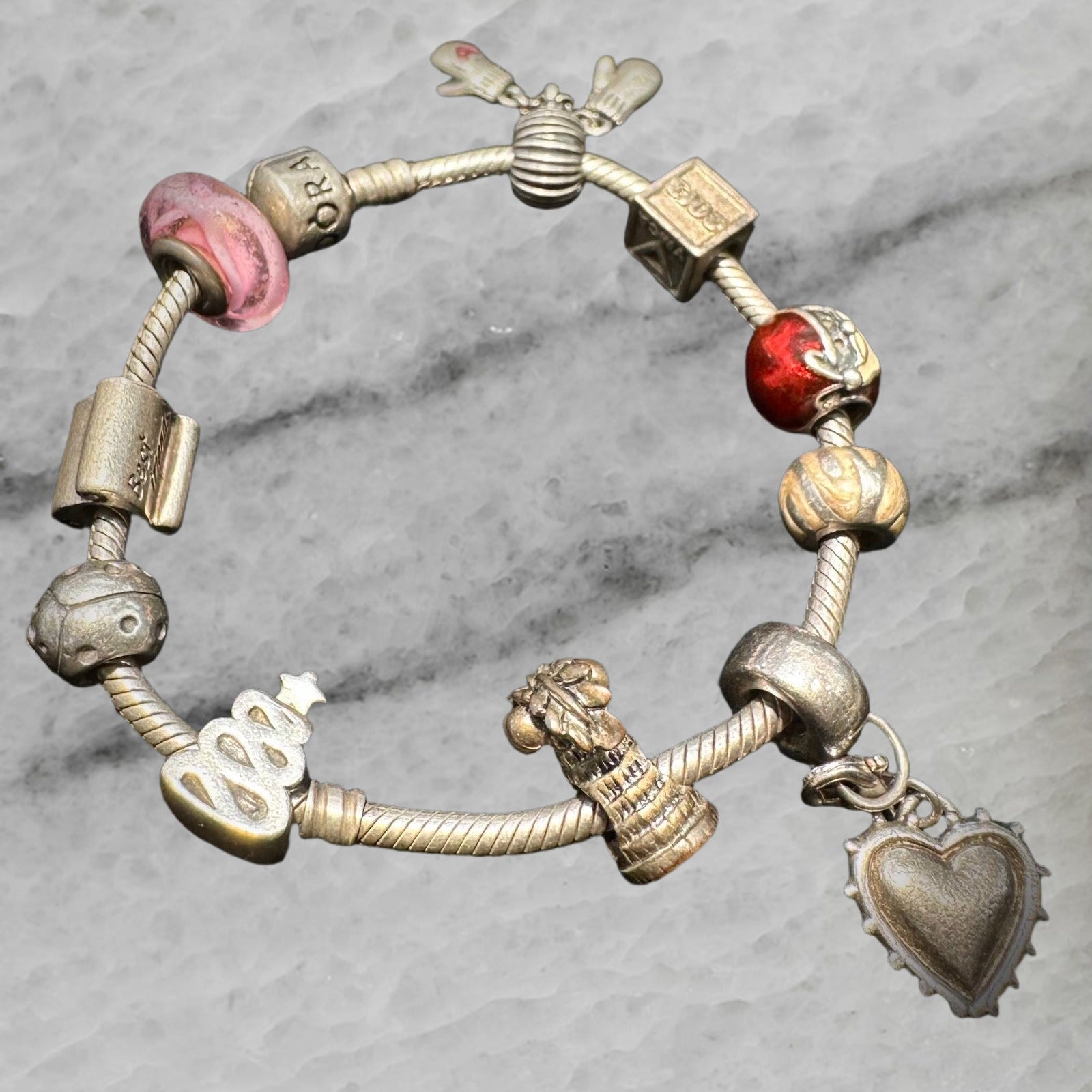 Pandora Moments Sterling Silver Snake Bracelet 7 5 with 10 Charms