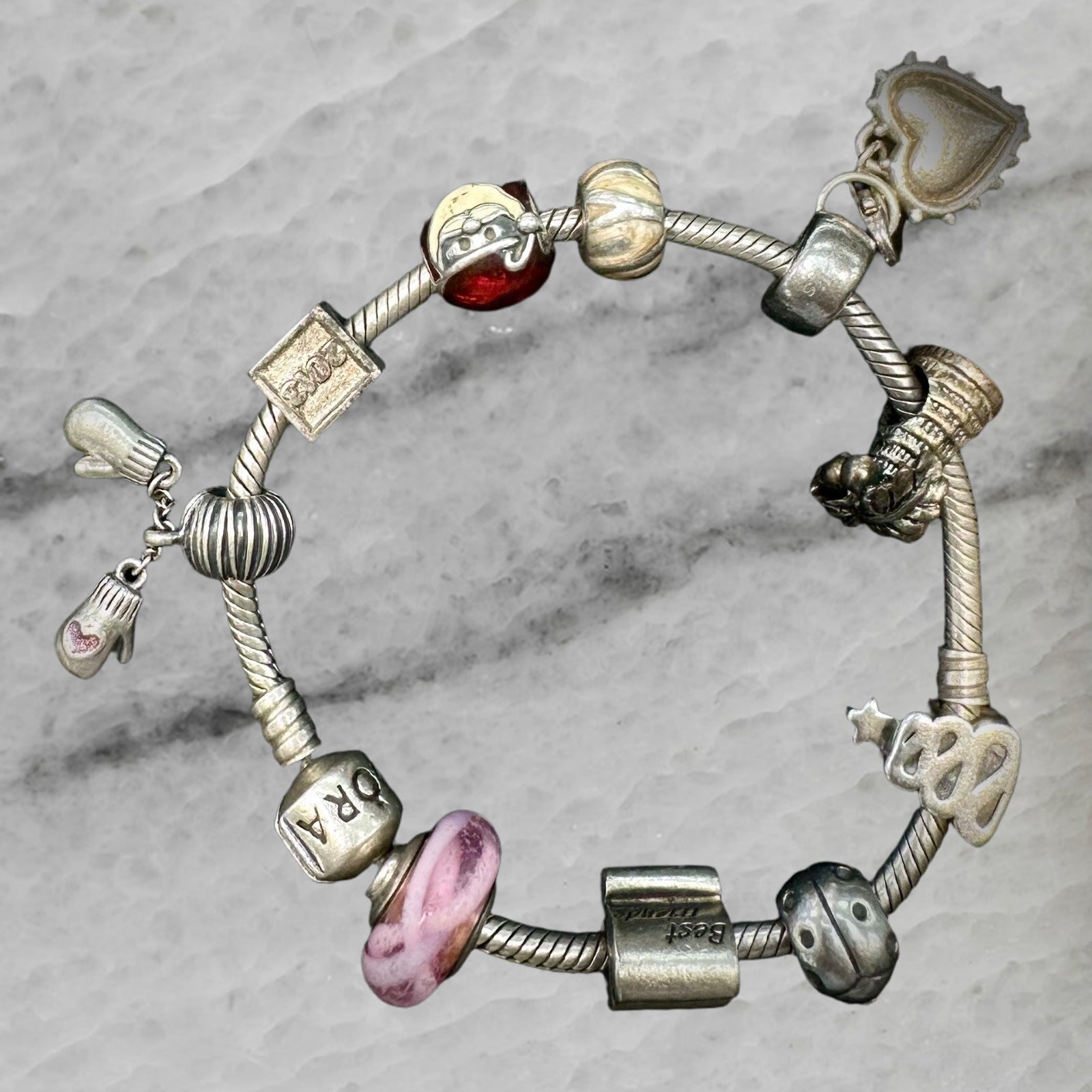 Pandora Moments Sterling Silver Snake Bracelet 7 5 with 10 Charms