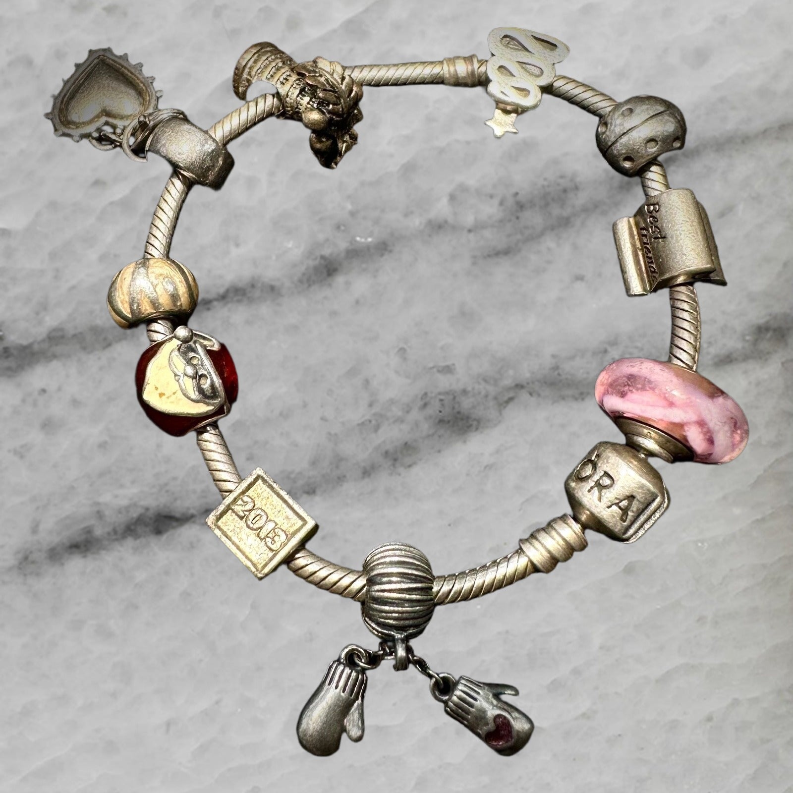 Pandora Moments Sterling Silver Snake Bracelet 7 5 with 10 Charms