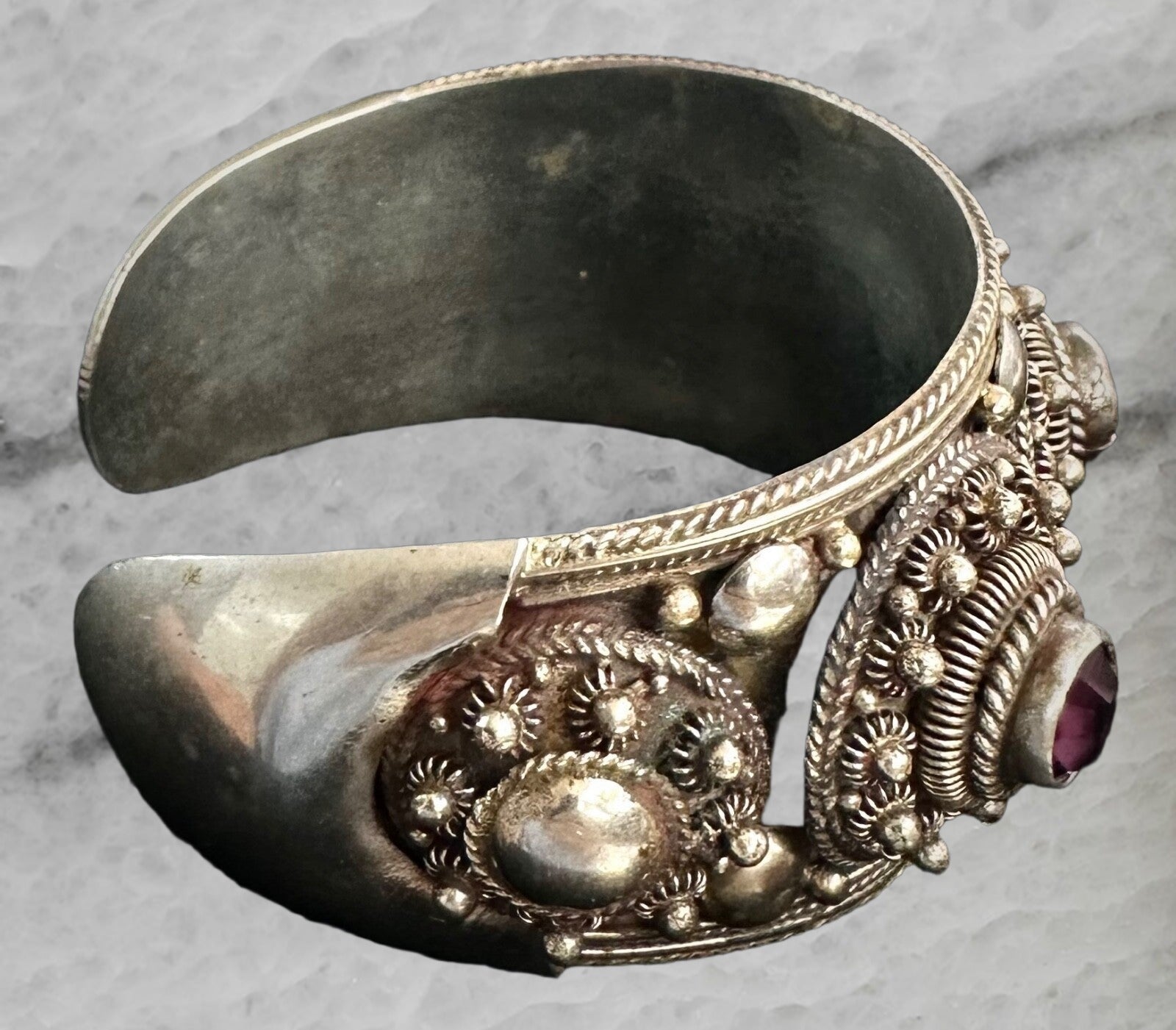 Purple Rhodolite Garnet Siam Sterling Silver Cannetille Vintage Bangle Bracelet