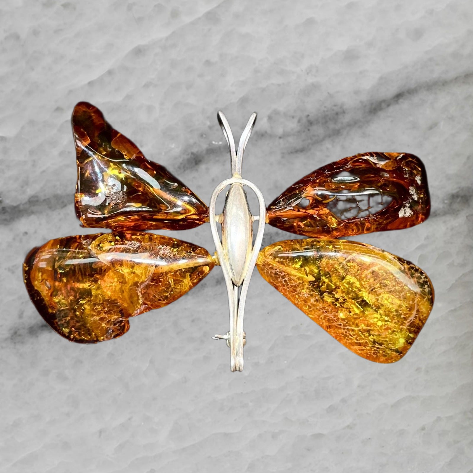 Sterling Silver Butterfly Brooch Pin Pendant with 4 Large Amber Stones