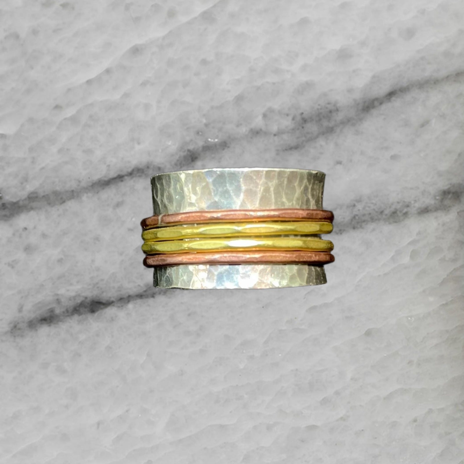Sterling Silver Hammered Spinner Ring with Brass Copper Size 8
