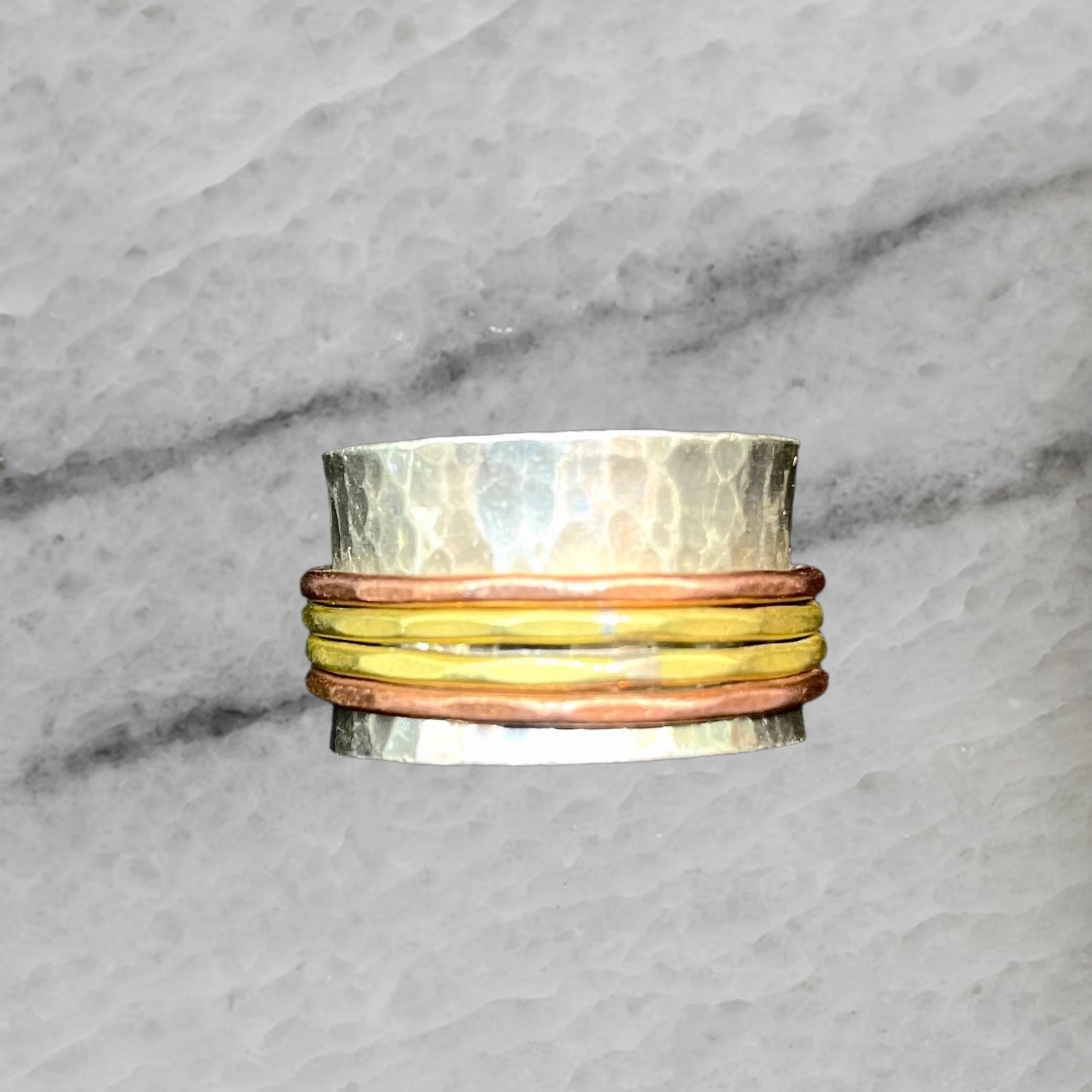 Sterling Silver Hammered Spinner Ring with Brass Copper Size 8