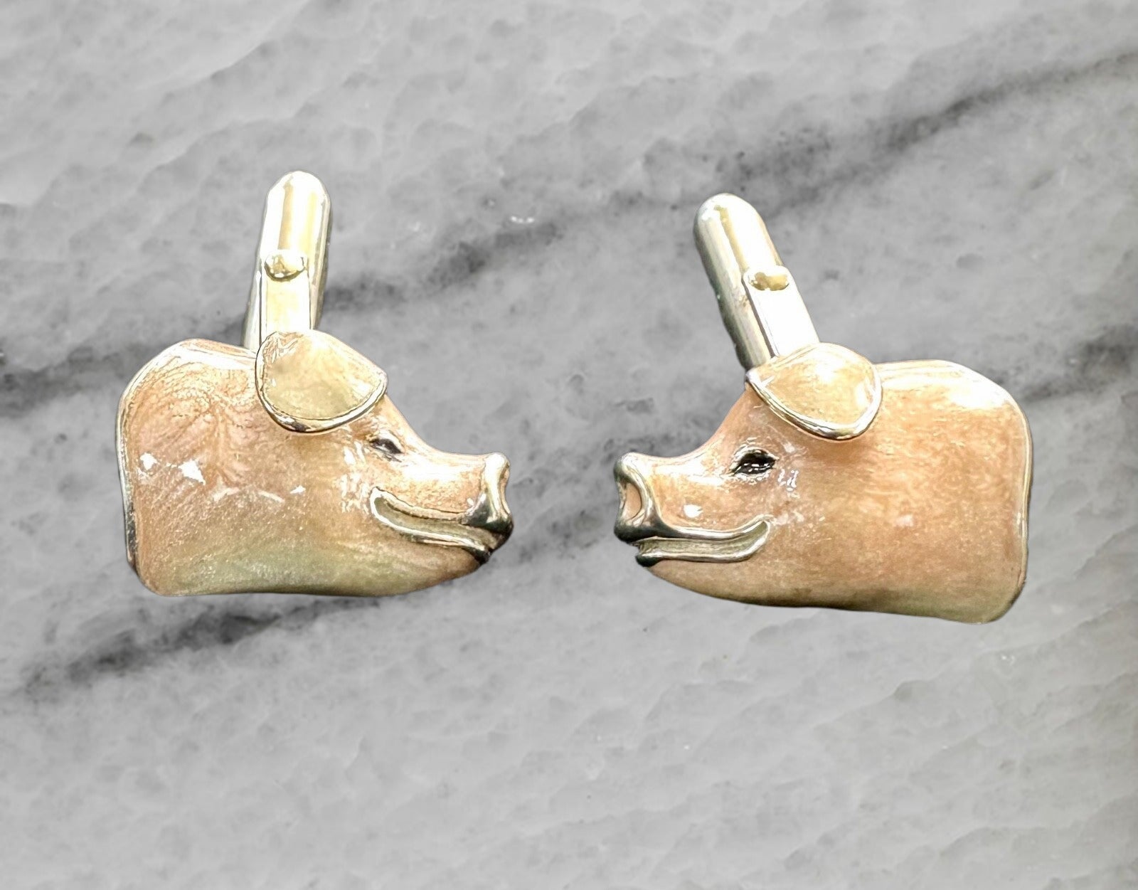 Thistle Bee Italy Sterling Silver Enameled Pig Head Cufflinks