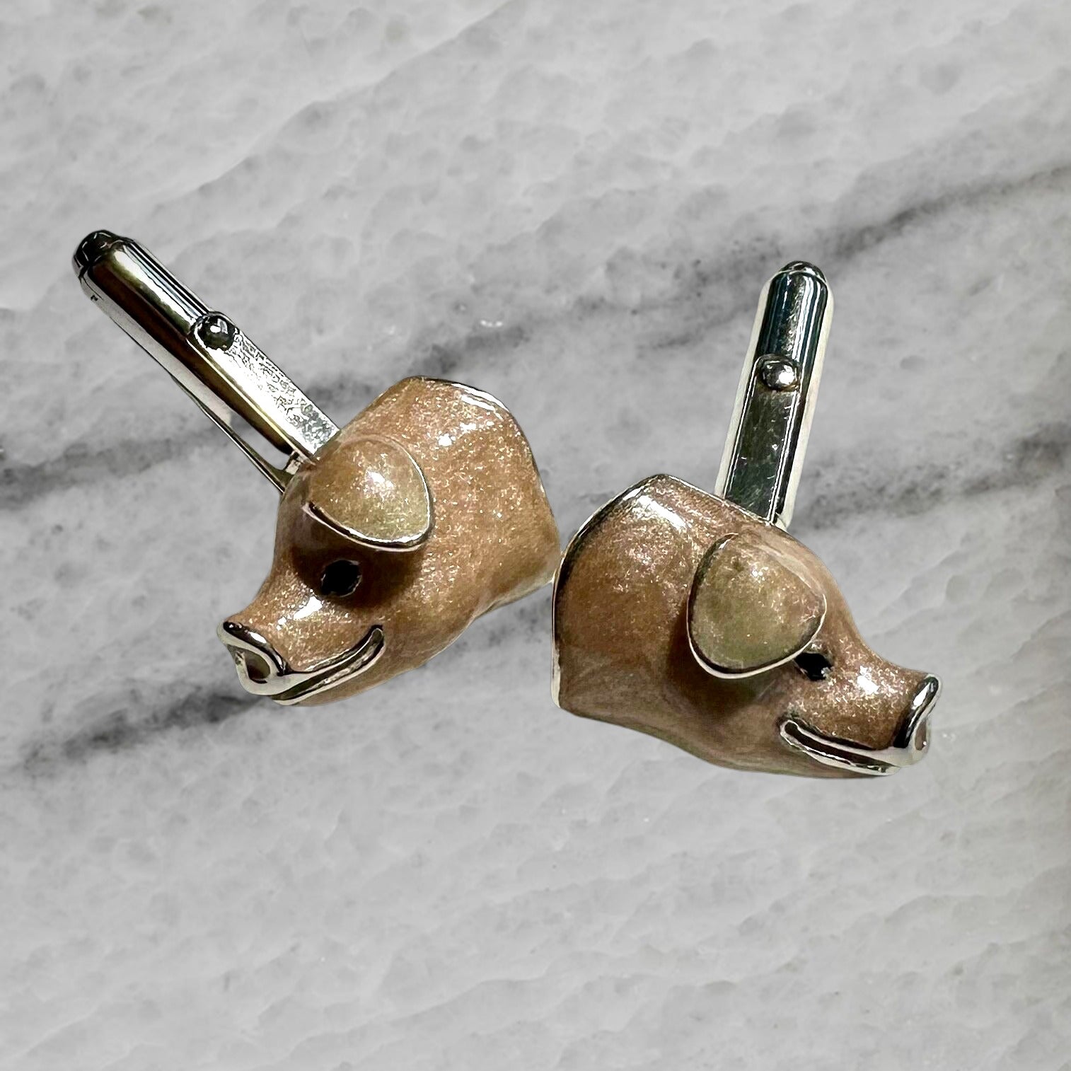 Thistle Bee Italy Sterling Silver Enameled Pig Head Cufflinks