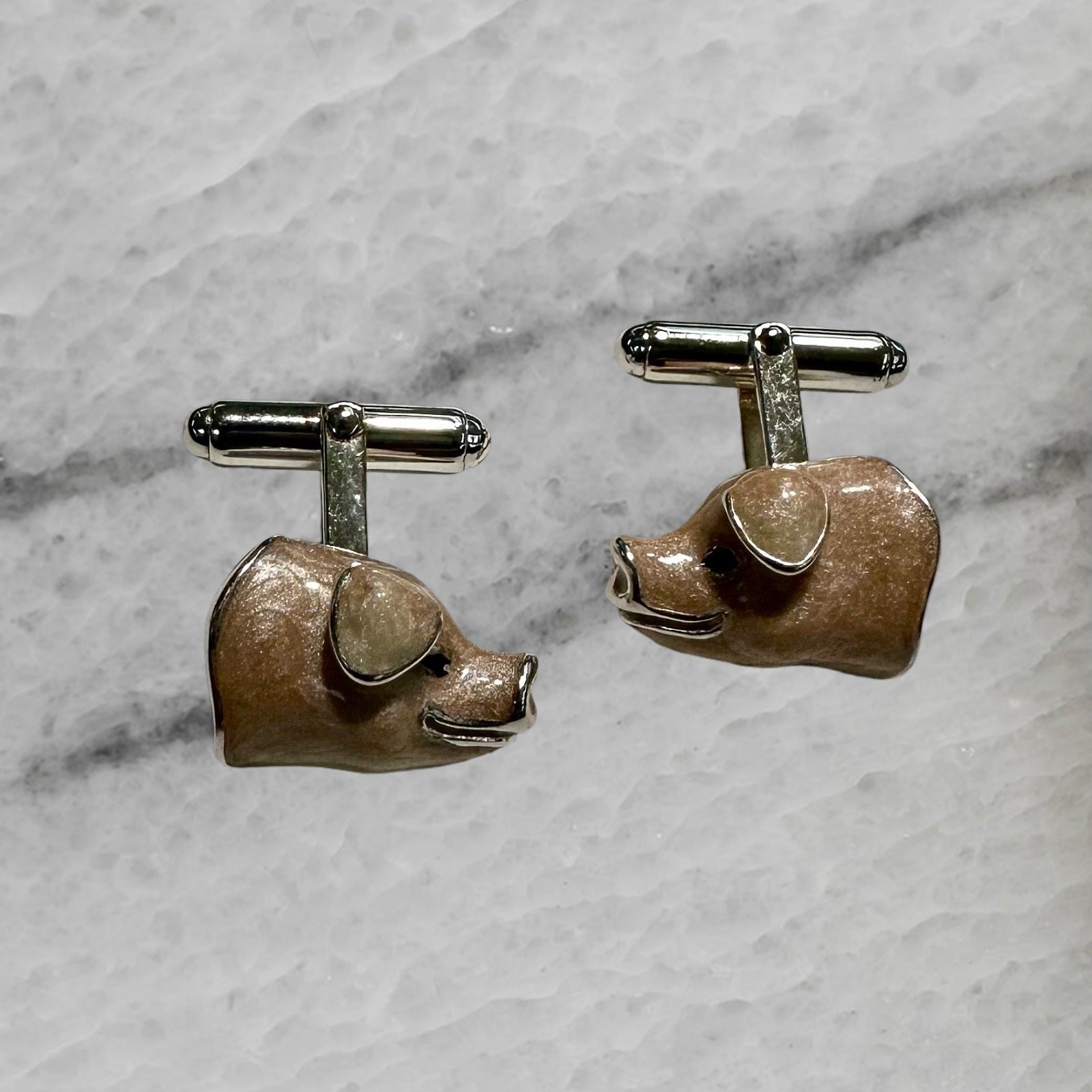 Thistle Bee Italy Sterling Silver Enameled Pig Head Cufflinks