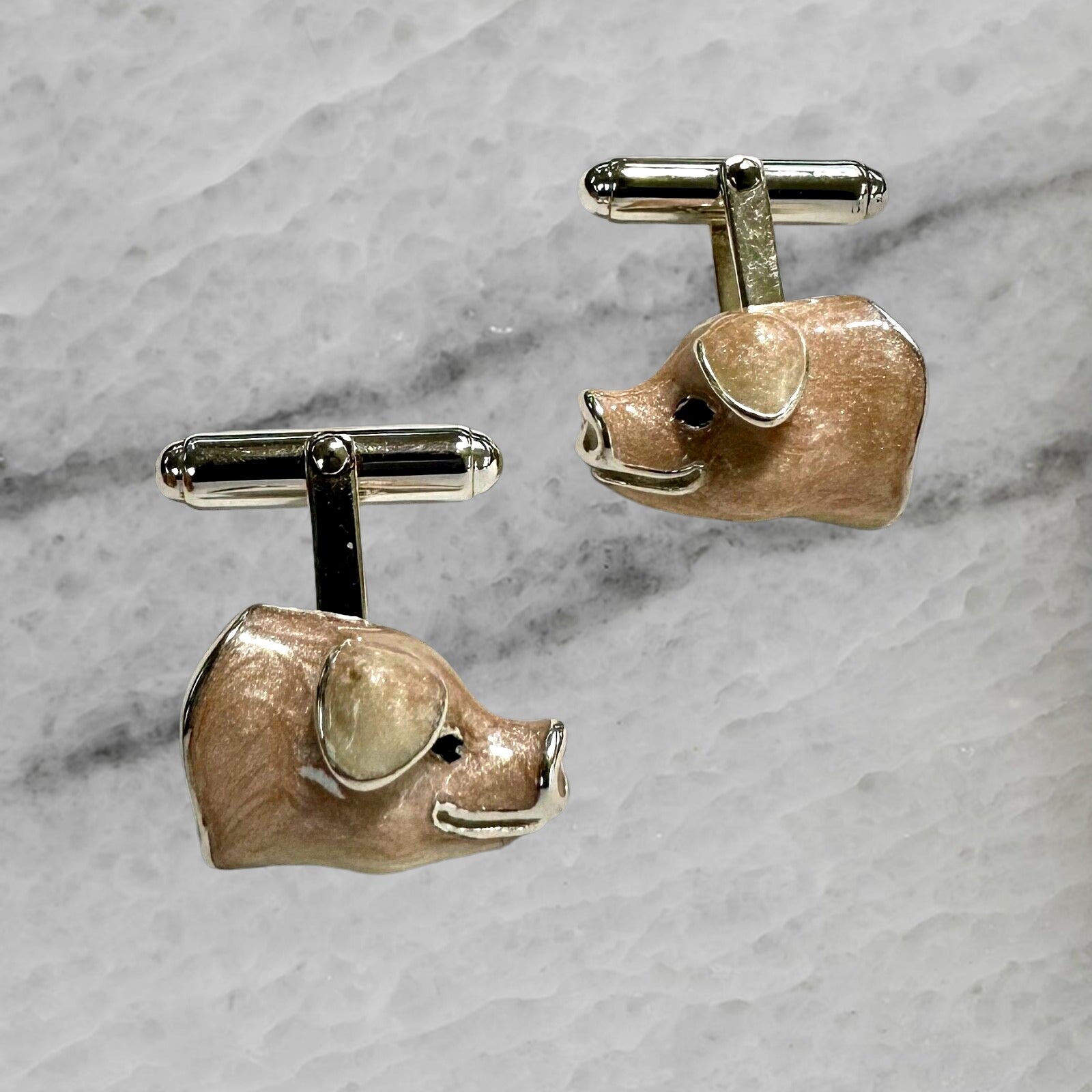 Thistle Bee Italy Sterling Silver Enameled Pig Head Cufflinks