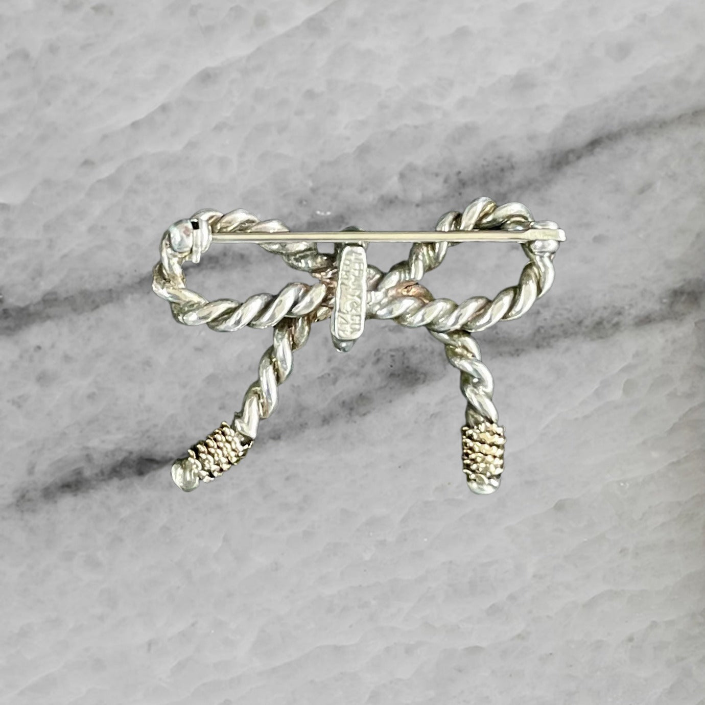 Tiffany Co Sterling Silver 14K Yellow Gold Rope Bow Brooch Pin