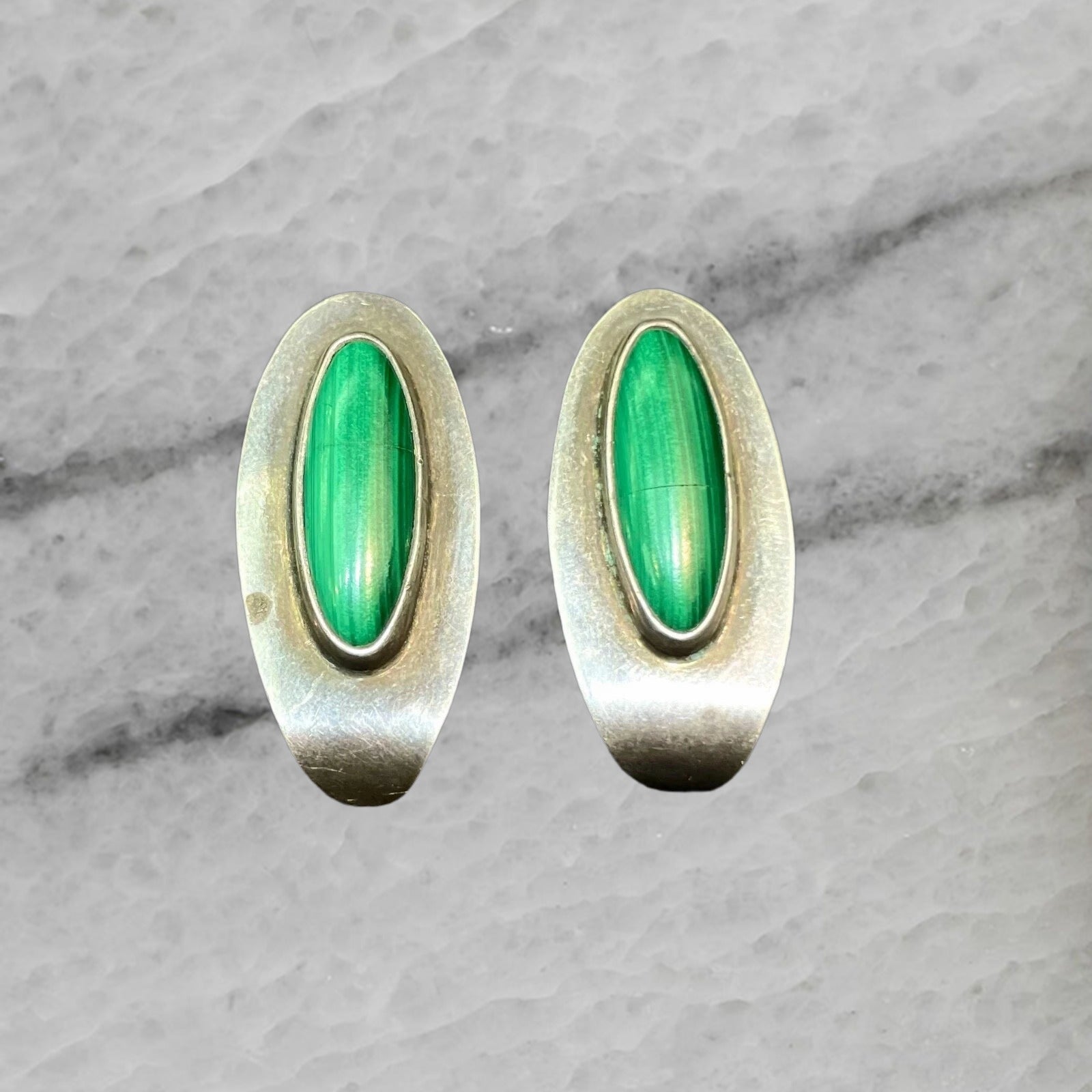 Vintage Mexico Sterling Silver Jade Earrings Ear Clips
