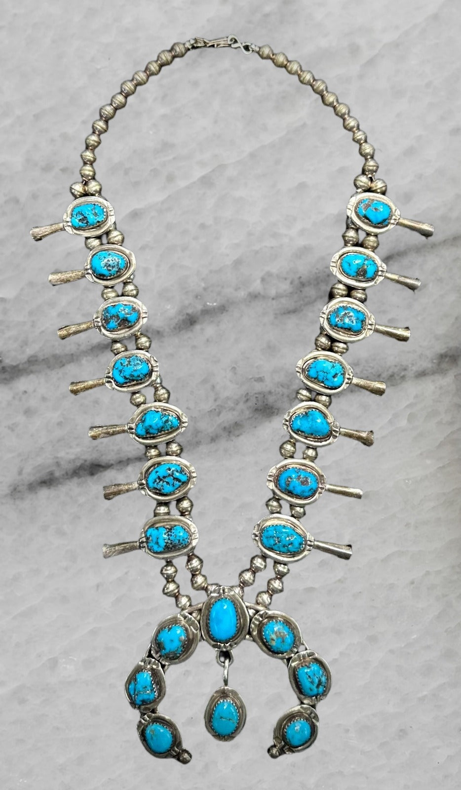 Vintage Navajo Sterling Silver Naja Squash Blossom Turquoise Bead Necklace 18