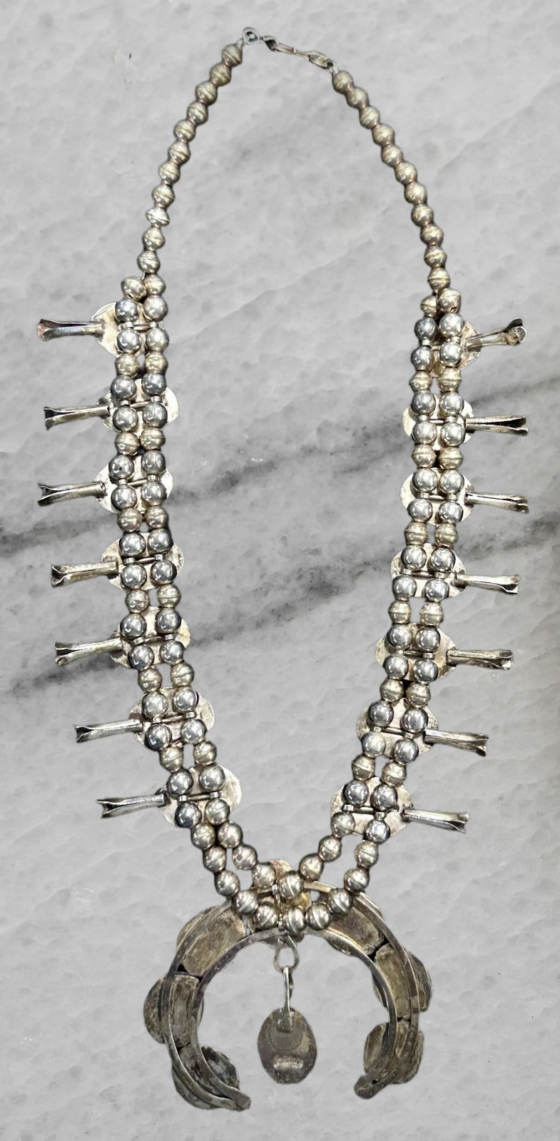 Vintage Navajo Sterling Silver Naja Squash Blossom Turquoise Bead Necklace 18