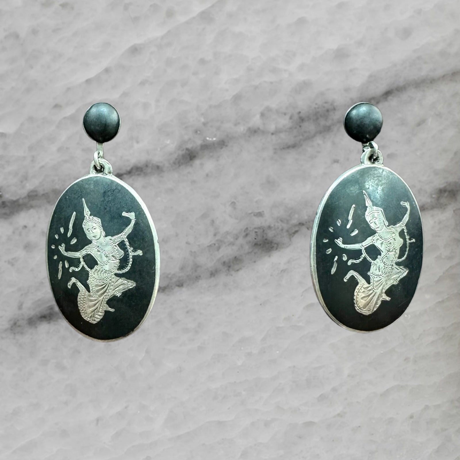 Vintage Siam Niello Sterling Silver Dancing Woman Ear Clip Earrings