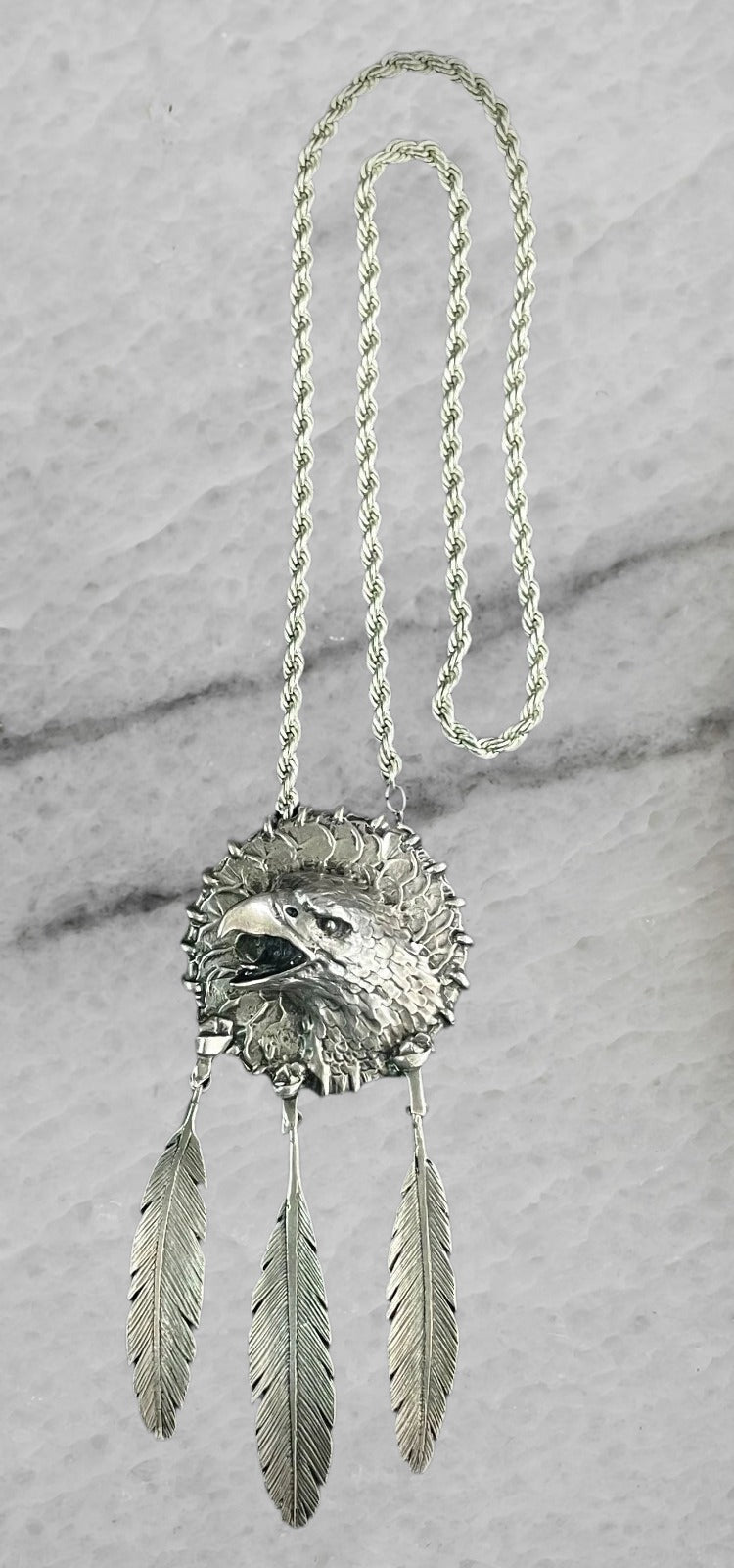 Vintage Stan Bentall Sterling Silver Eagle Feathers Pendant Brooch Rope Chain