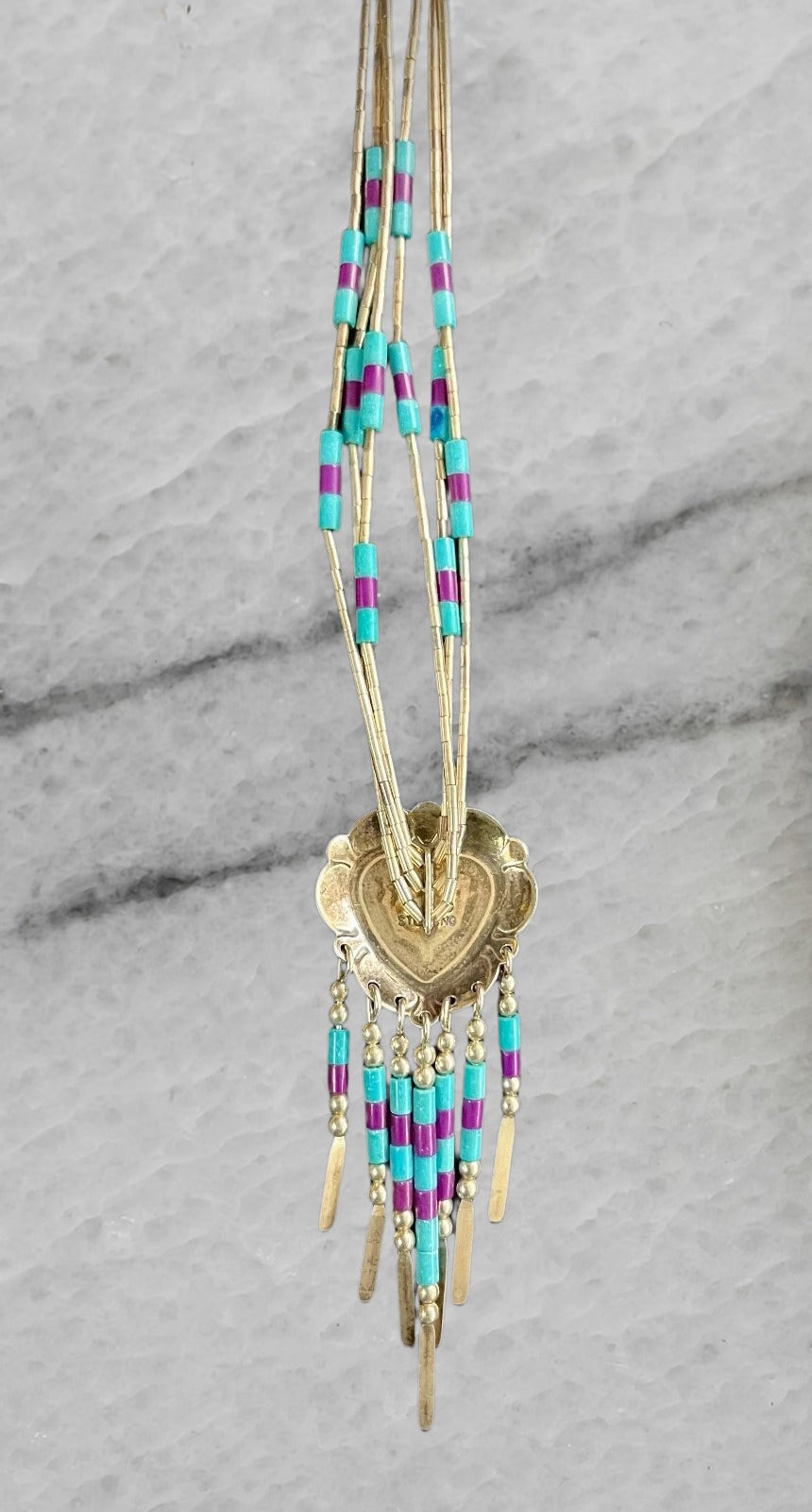 Vintage Sterling Silver Turquoise Heart Inlay Pendant with Chain 24
