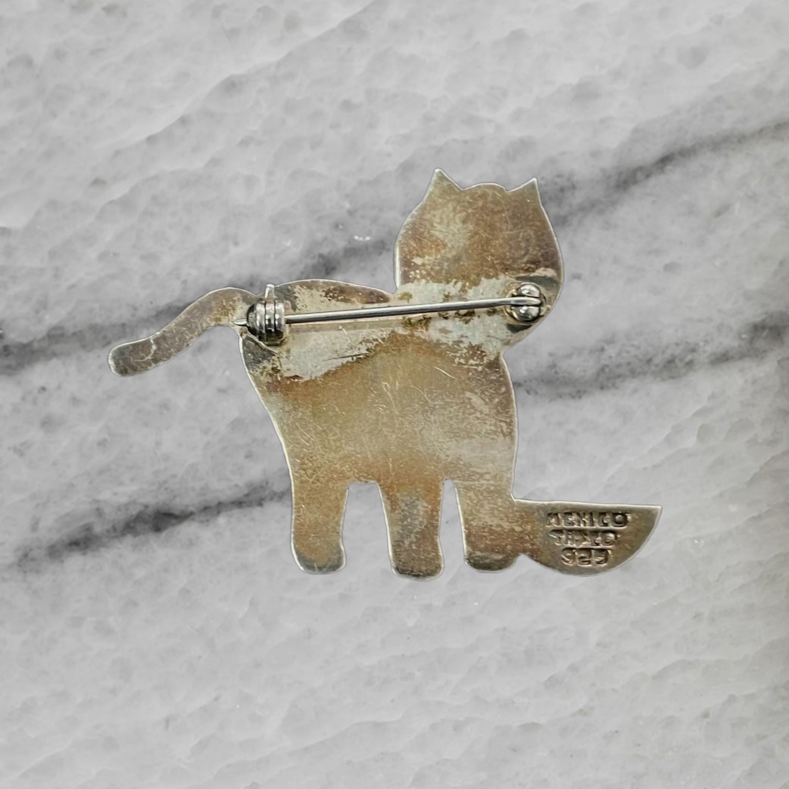 Vintage Taxco 925 Sterling Silver Cat with Brass Bowl Brooch Pin