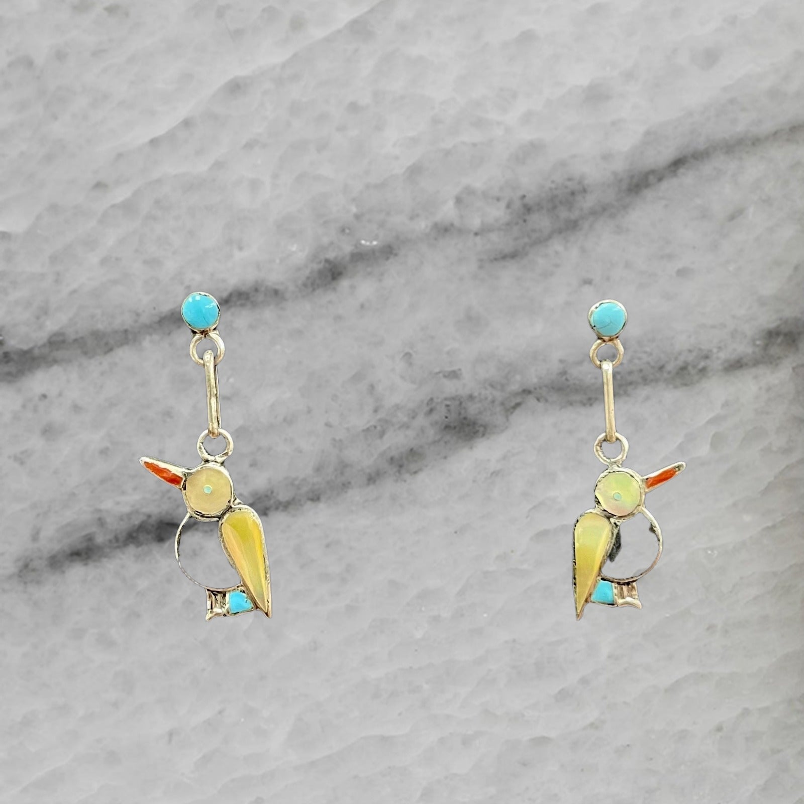 Vintage Zuni Sterling Silver Bird Earrings Inlaid Stones Turquoise MOP Onyx