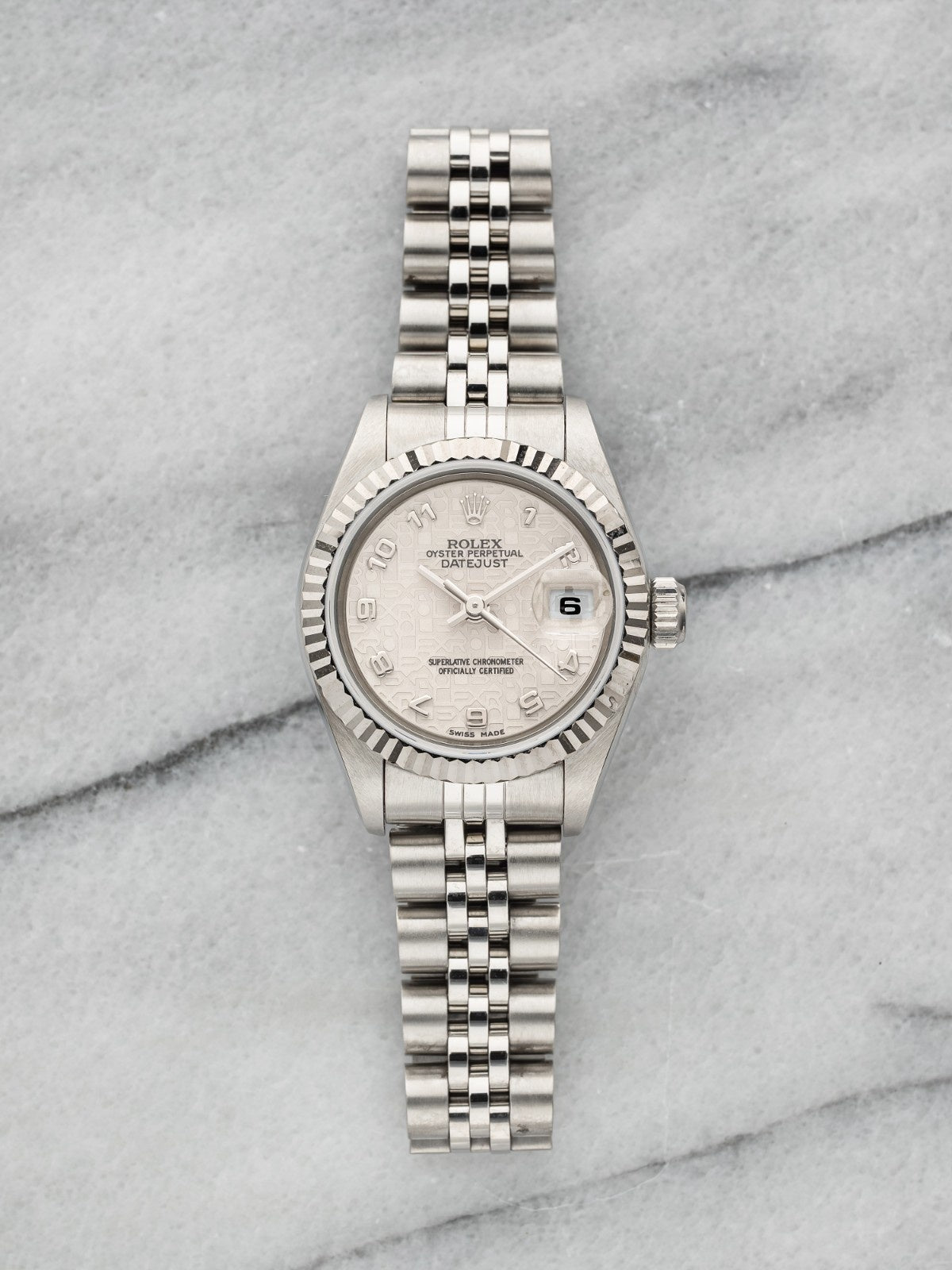 Vintage 1996 Rolex Lady Datejust 69174 18K WG Bezel Motif Arabic Dial 26mm