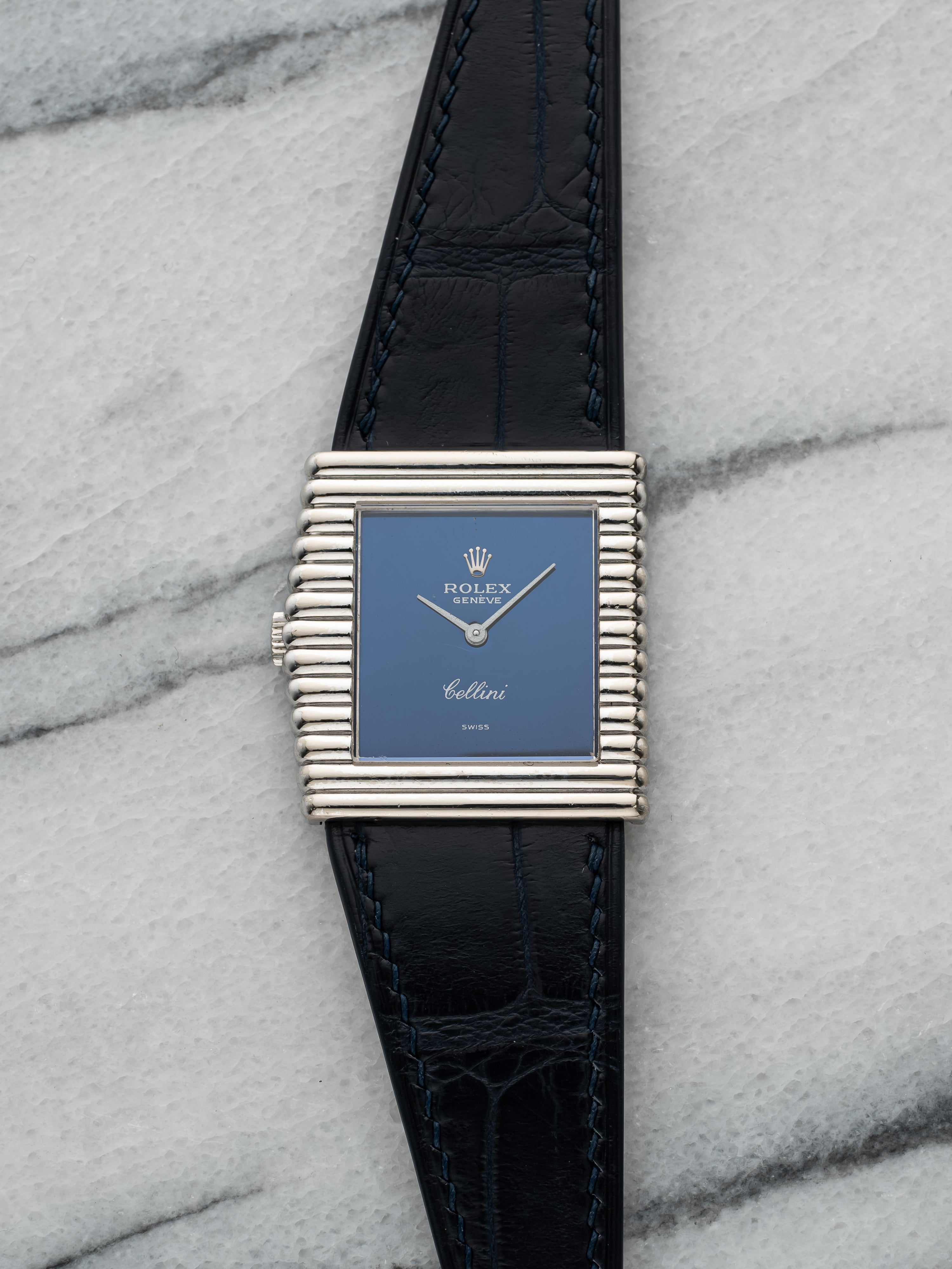 1975 Rolex Asymmetric 4015 - 18K White Gold, Blue Dial